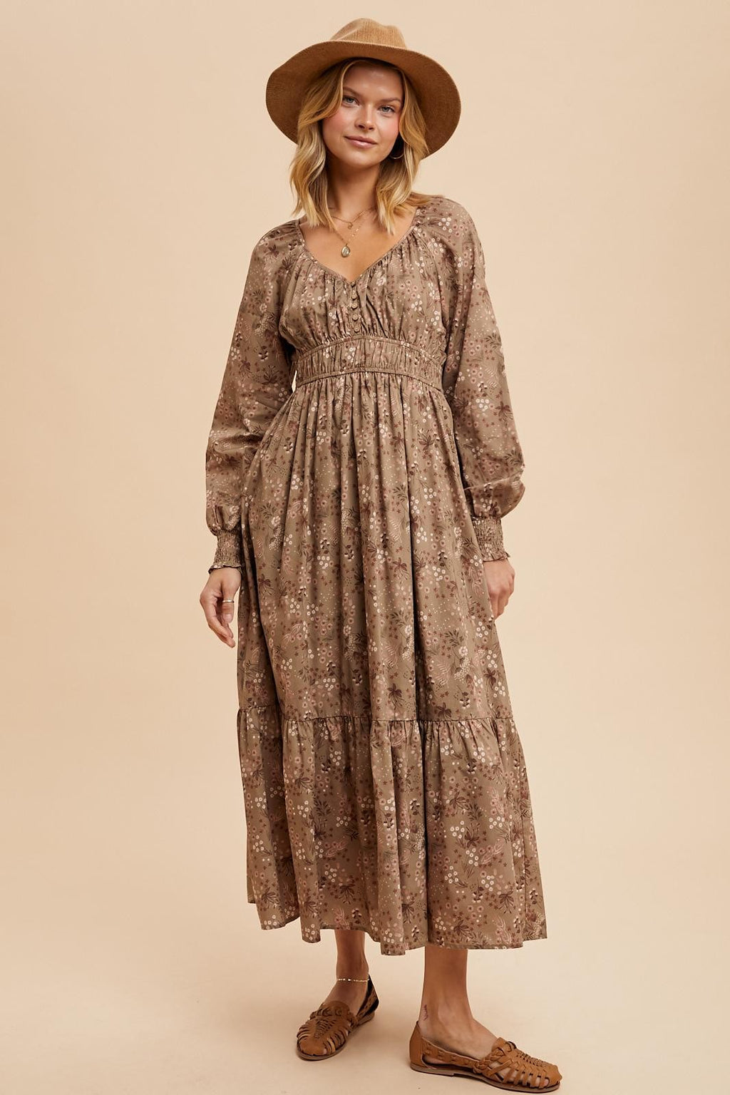 Raglan Sleeve Dusty Olive Floral Button Maxi Dress