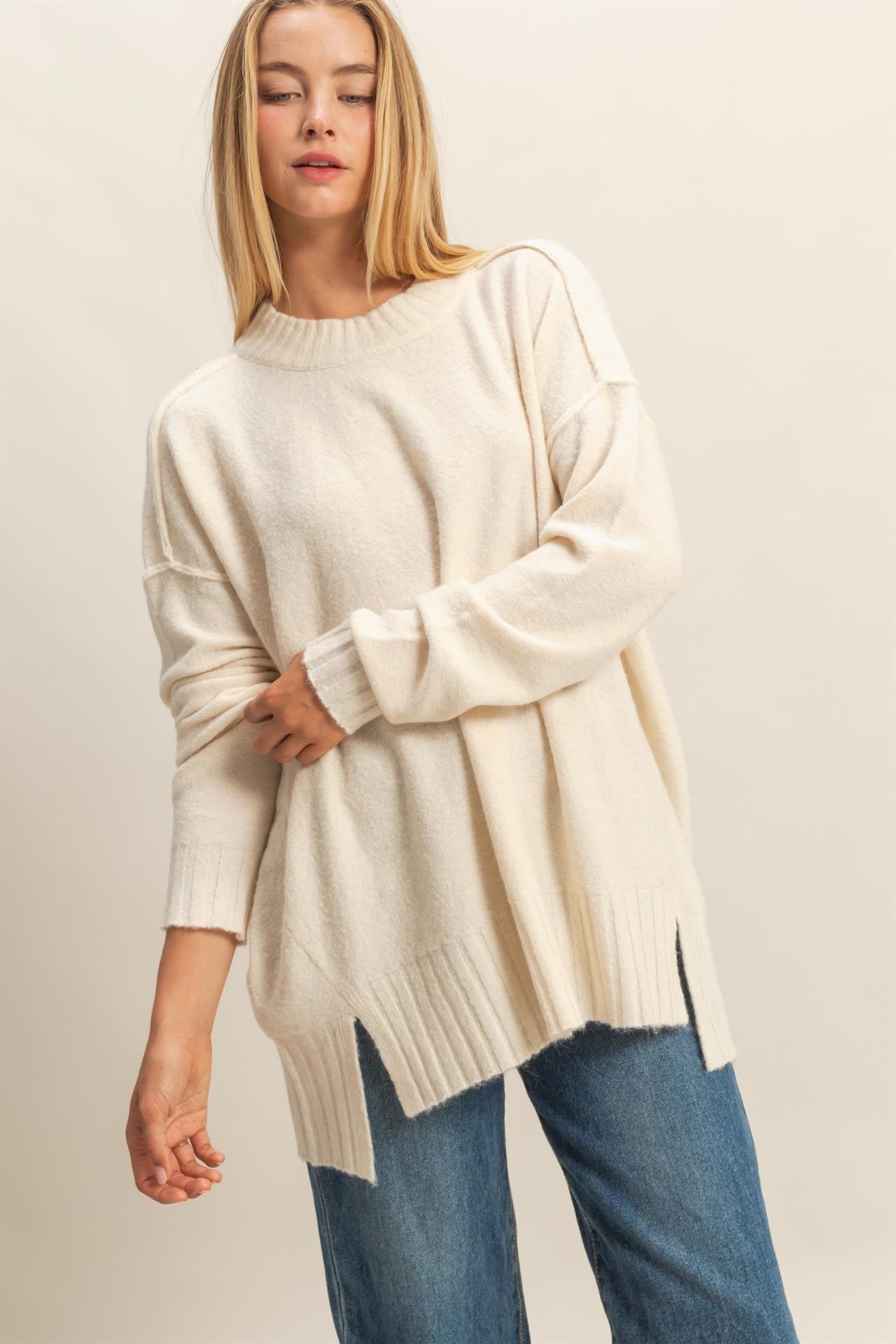 Relaxed Fit Stylish Whip Cream Sweater