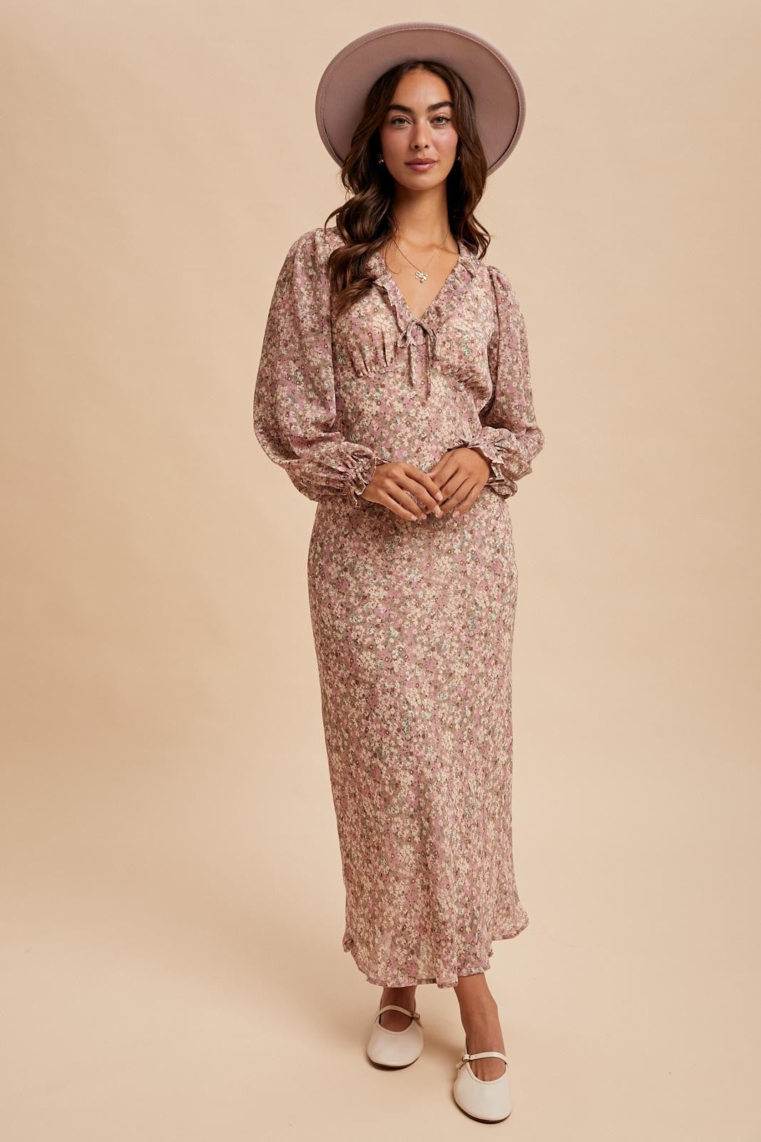 Ruffled Vintage Taupe Floral Maxi Dress