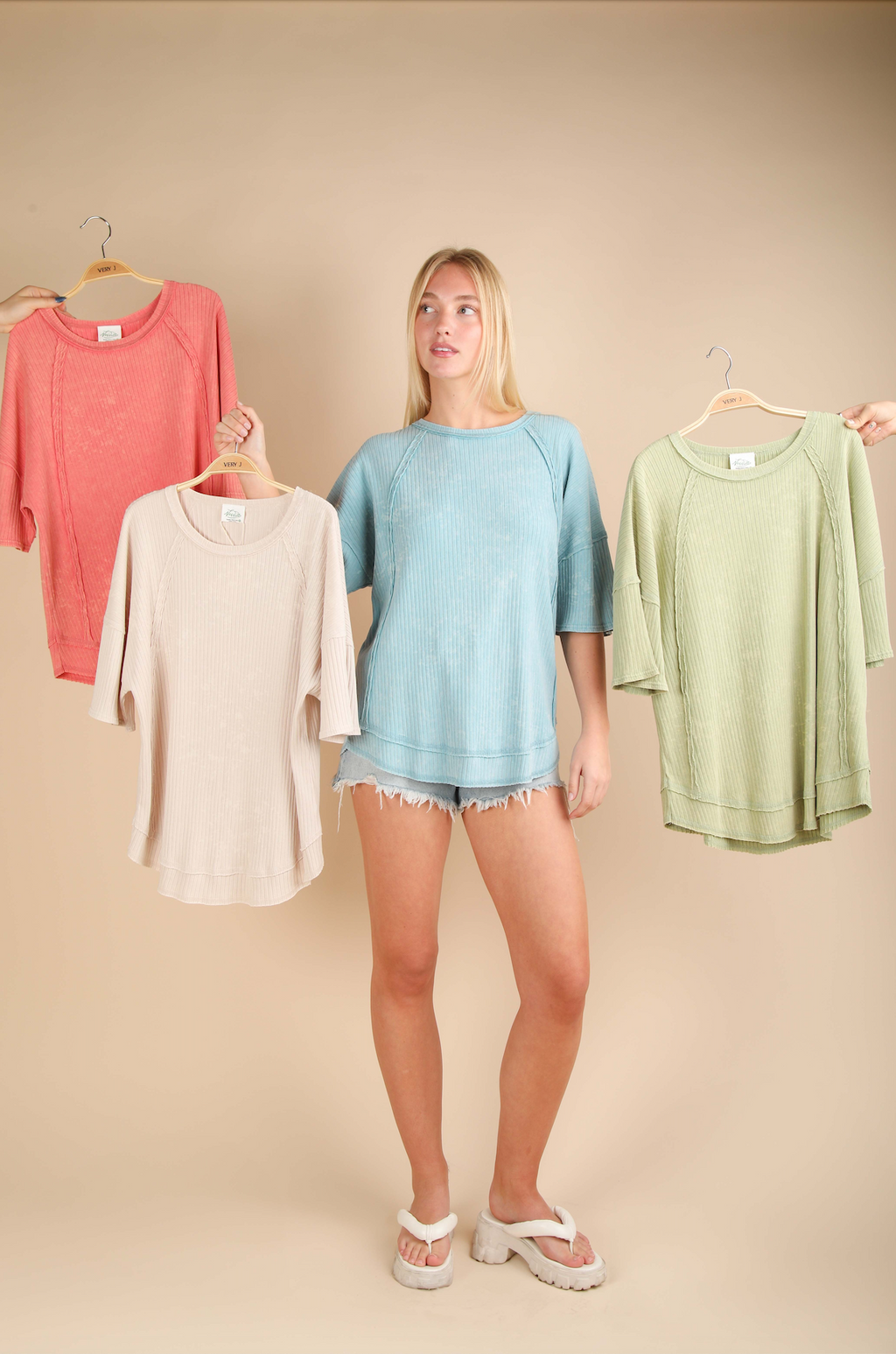 Tan Mineral Washed Oversized Ribbed Knit Casual Top