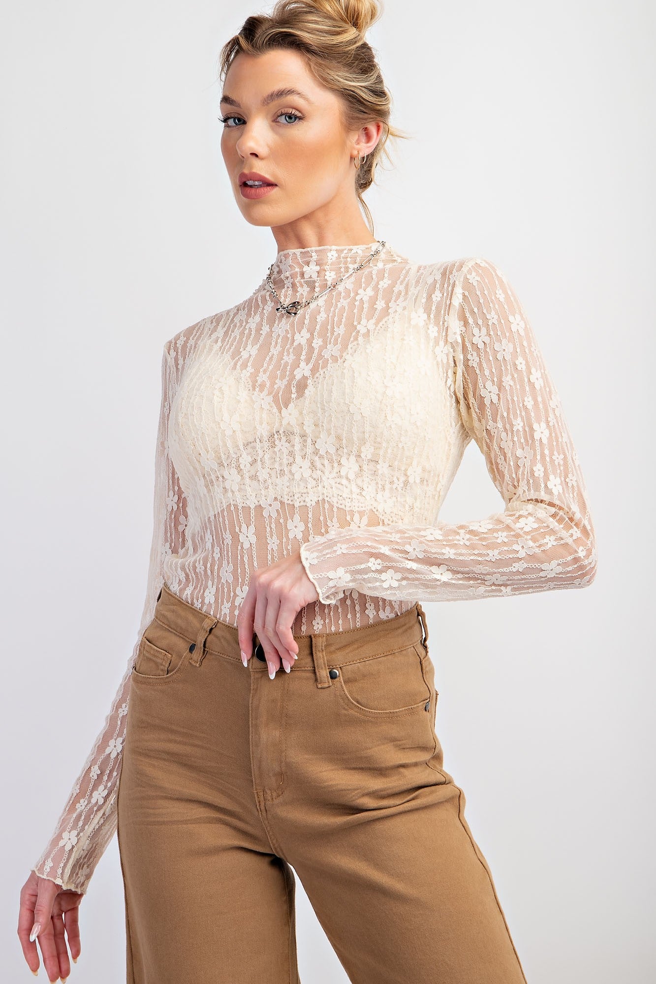 See Through Ivory Floral Lace Top