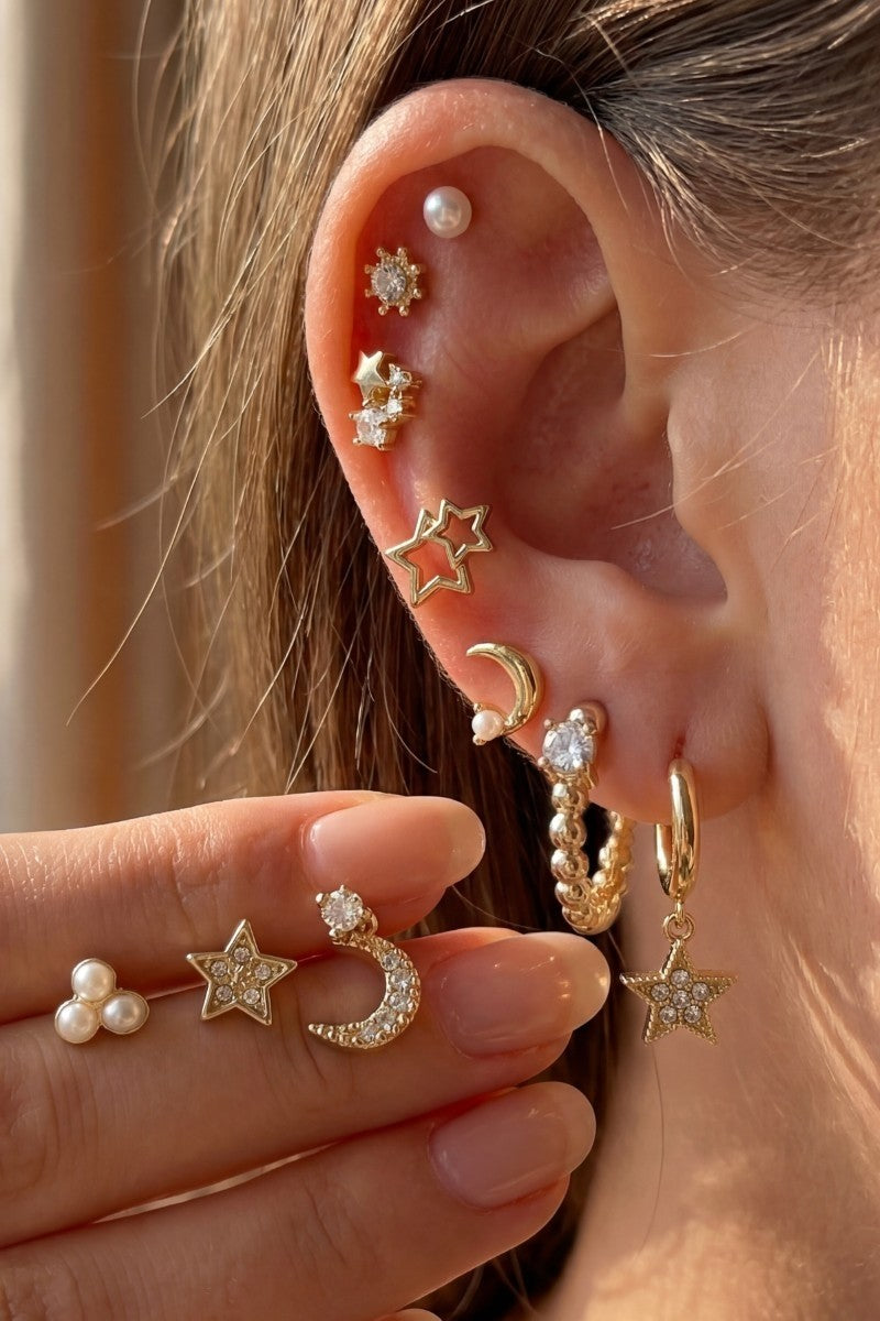Gold Star Moon Crystal 9 Pair Earring Set