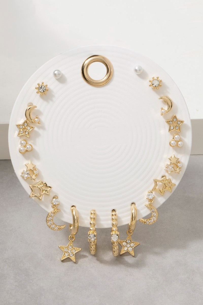 Gold Star Moon Crystal 9 Pair Earring Set