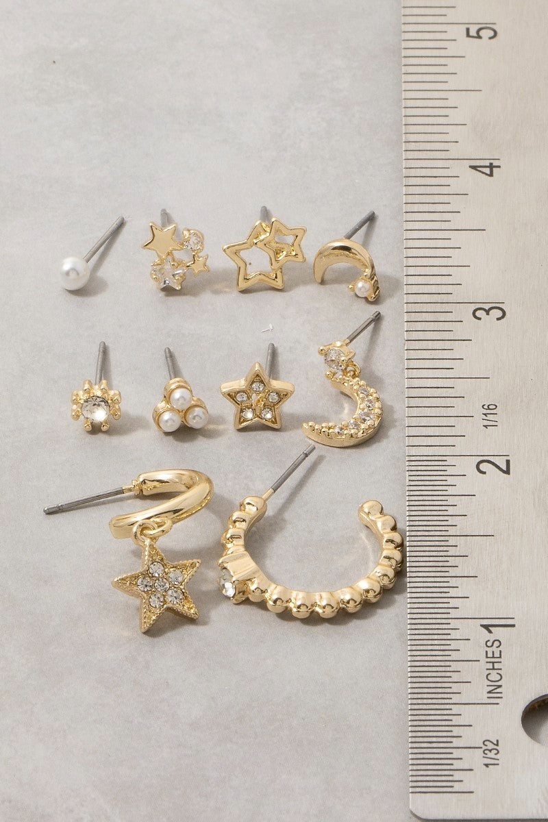 Gold Star Moon Crystal 9 Pair Earring Set