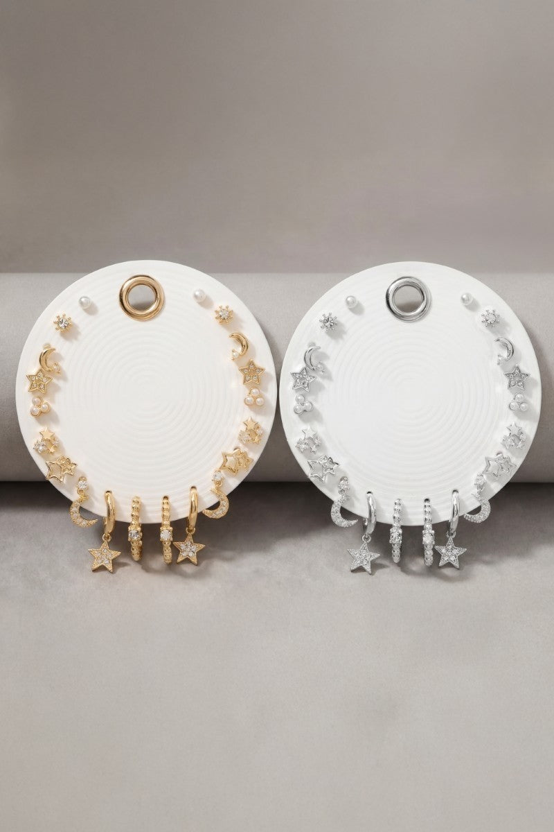 Gold Star Moon Crystal 9 Pair Earring Set
