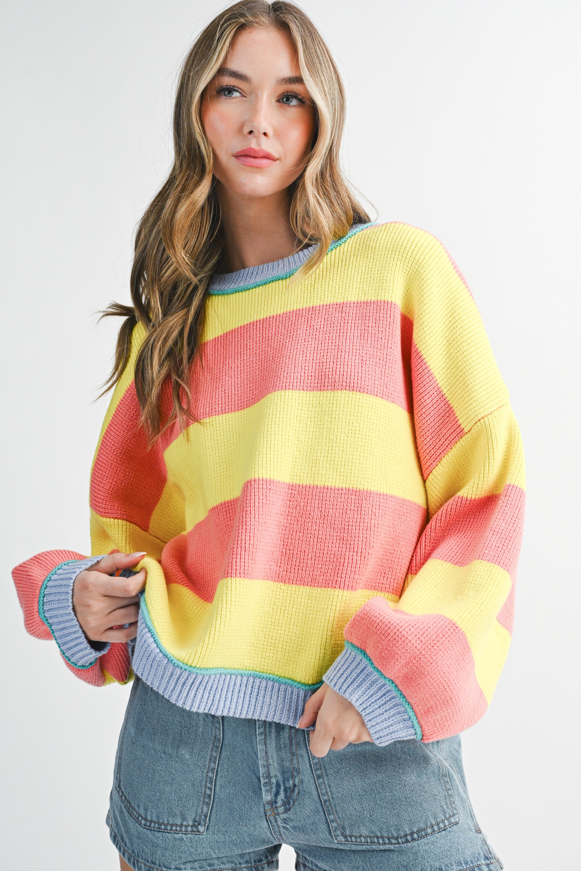 Sunburst Striped Knit Crewneck Pullover Sweater