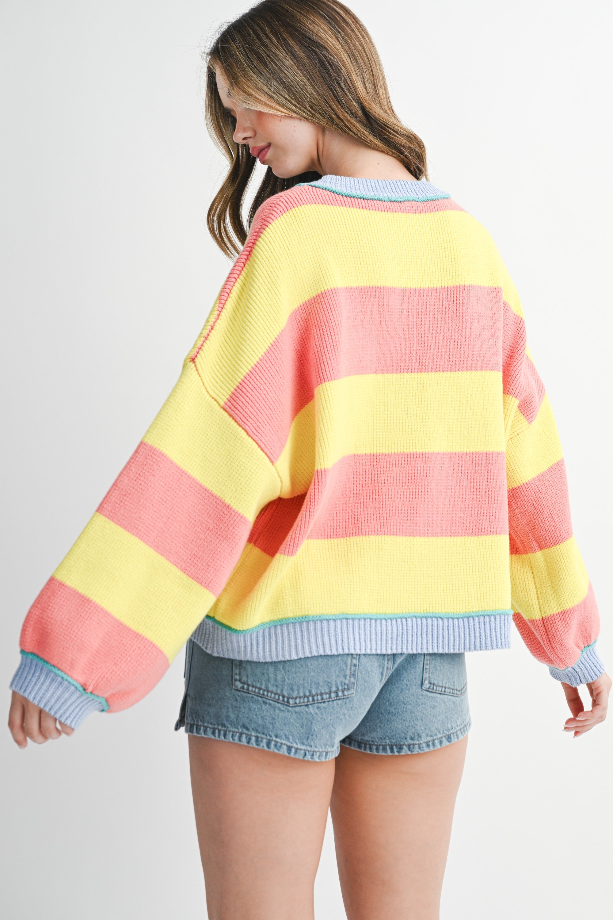Sunburst Striped Knit Crewneck Pullover Sweater