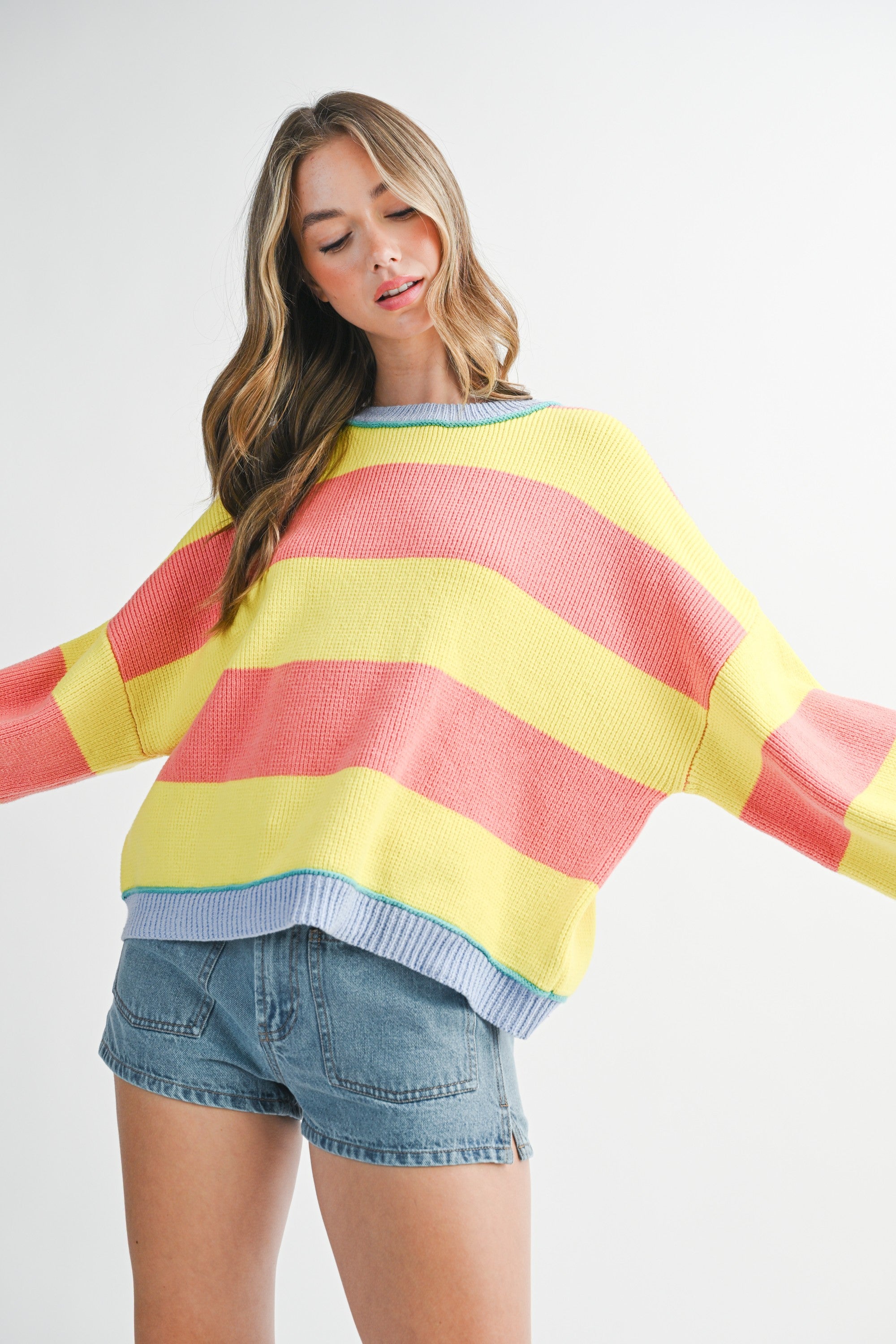 Sunburst Striped Knit Crewneck Pullover Sweater