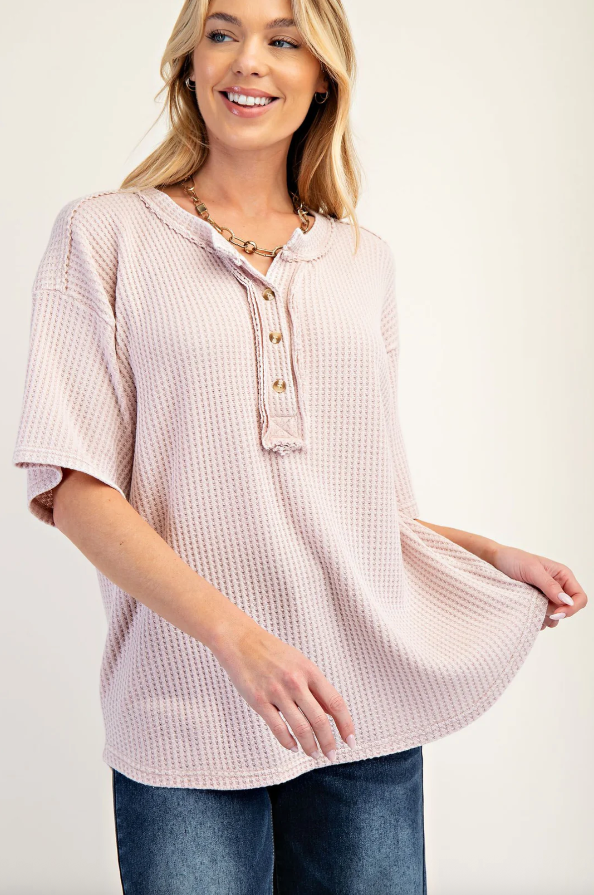 Thermal Knit V Rose Mineral Washed Top