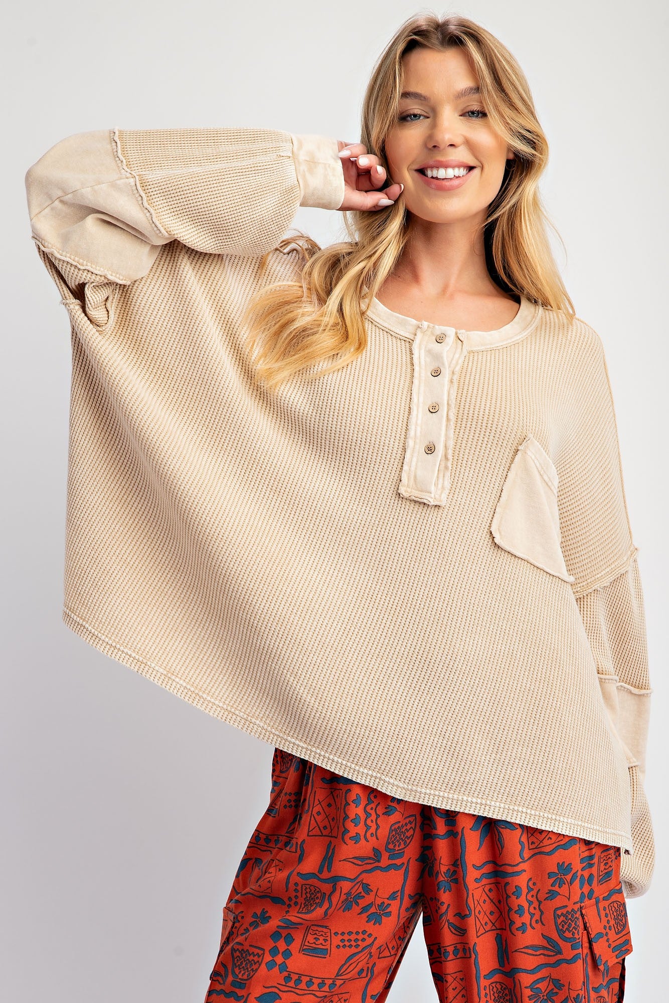 Thermal Mix Terry Knit Khaki Mineral Washed Henley Top