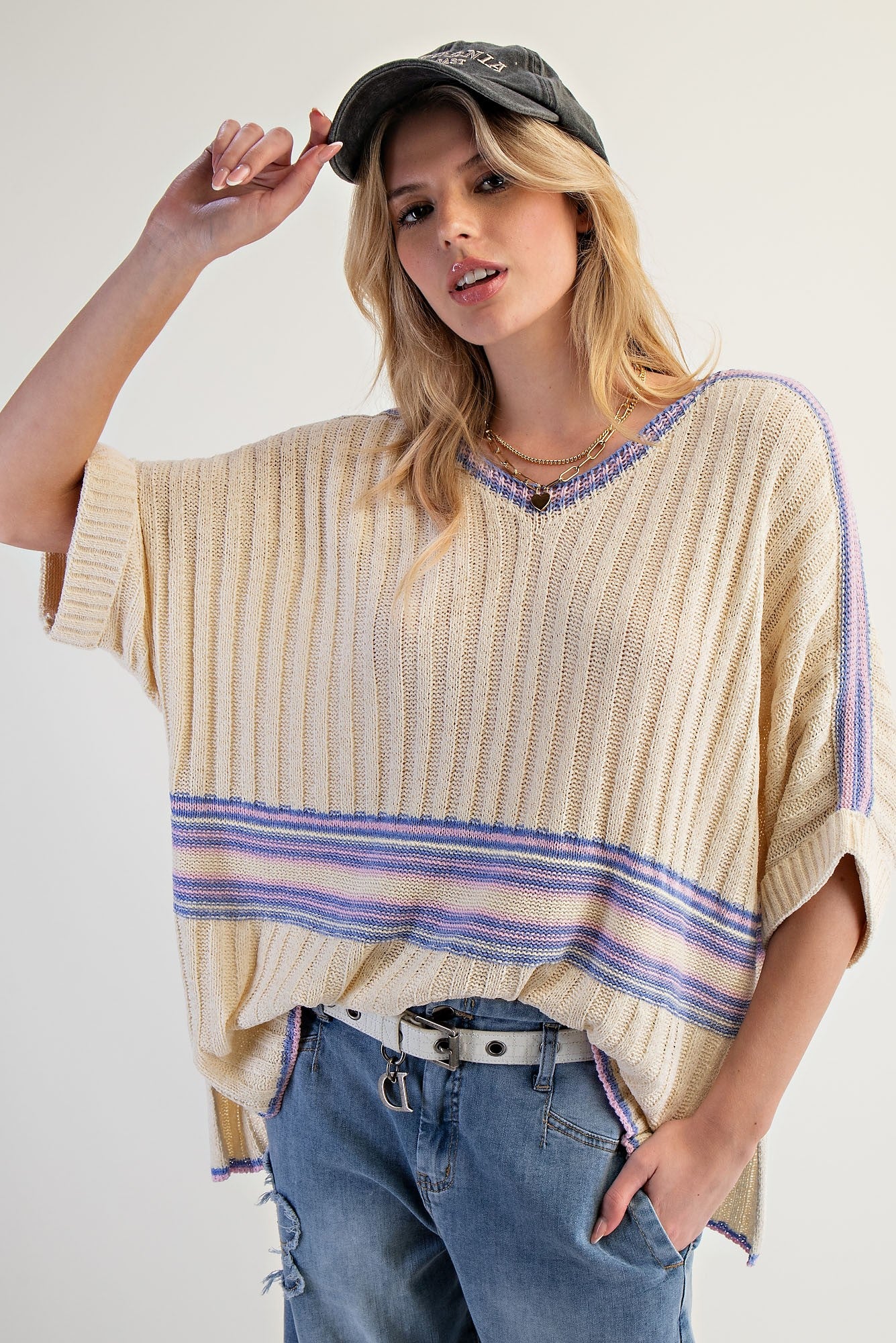 V-Neck Natural Rib Knit Sweater Top