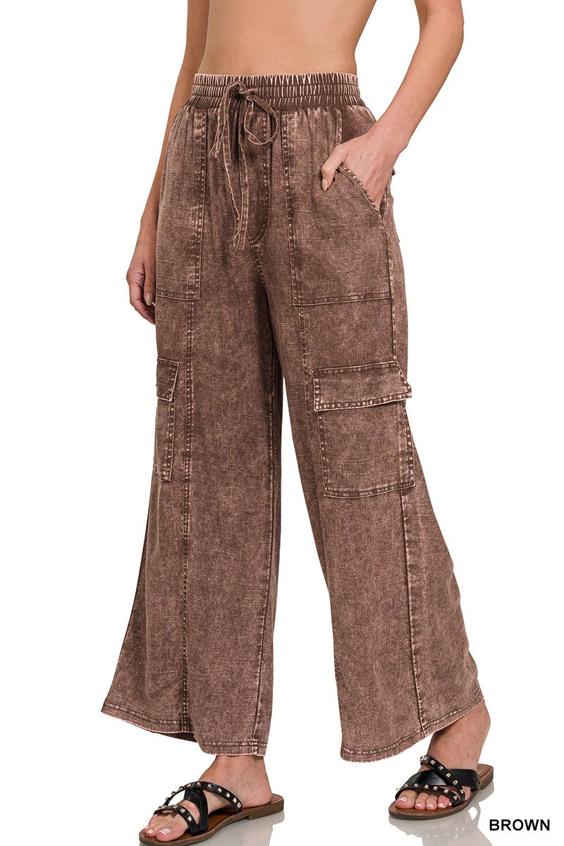 Washed Brown Linen Elastic Band Waist Cargo Pants