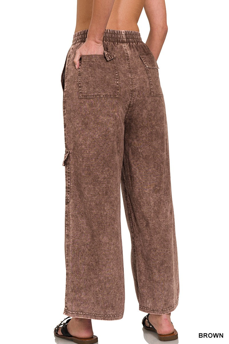 Washed Brown Linen Elastic Band Waist Cargo Pants