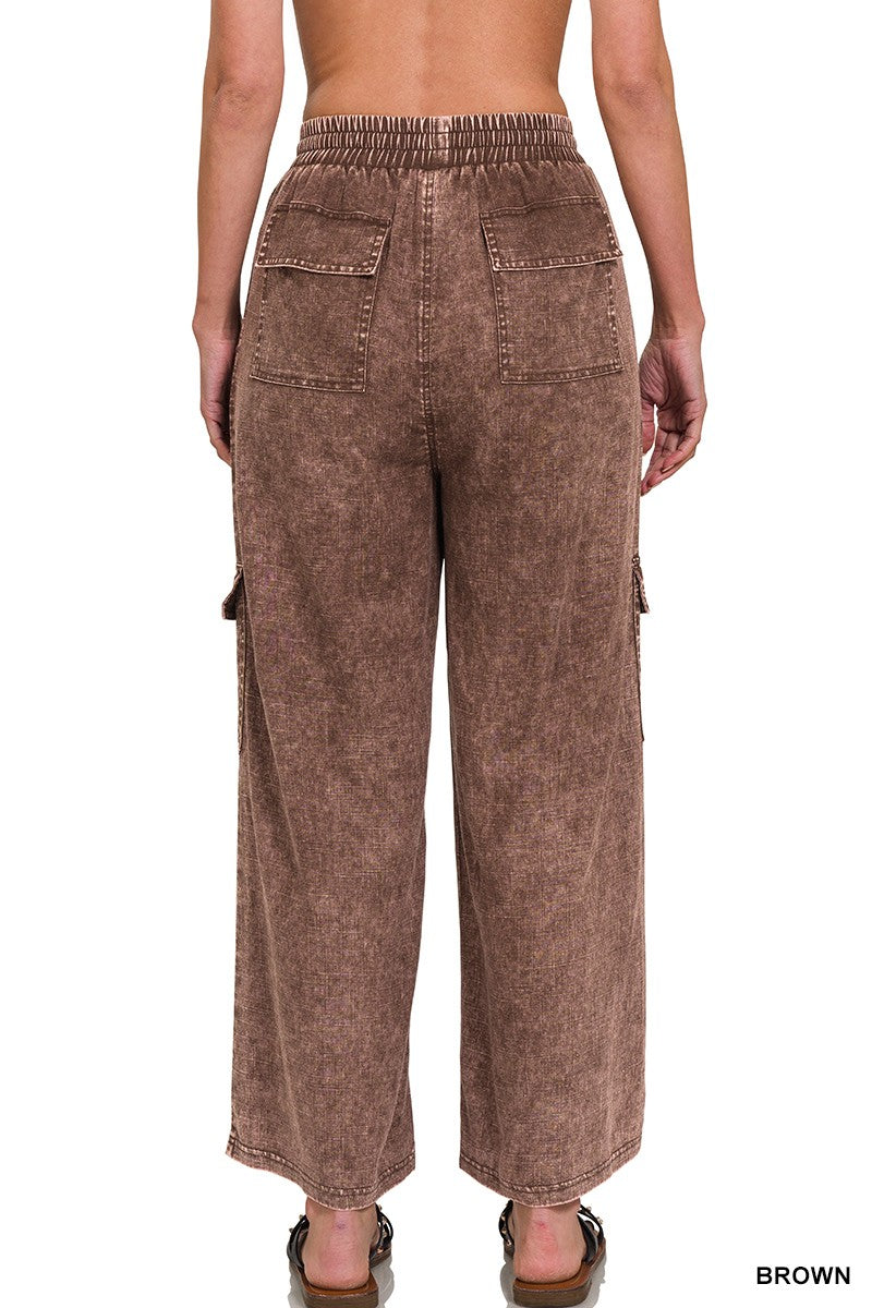 Washed Brown Linen Elastic Band Waist Cargo Pants