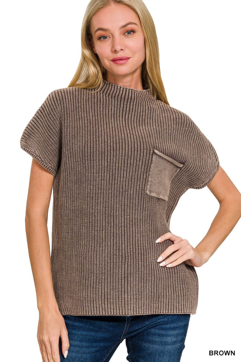 Washed Brown Mock Neck Short Sleeve Sweater