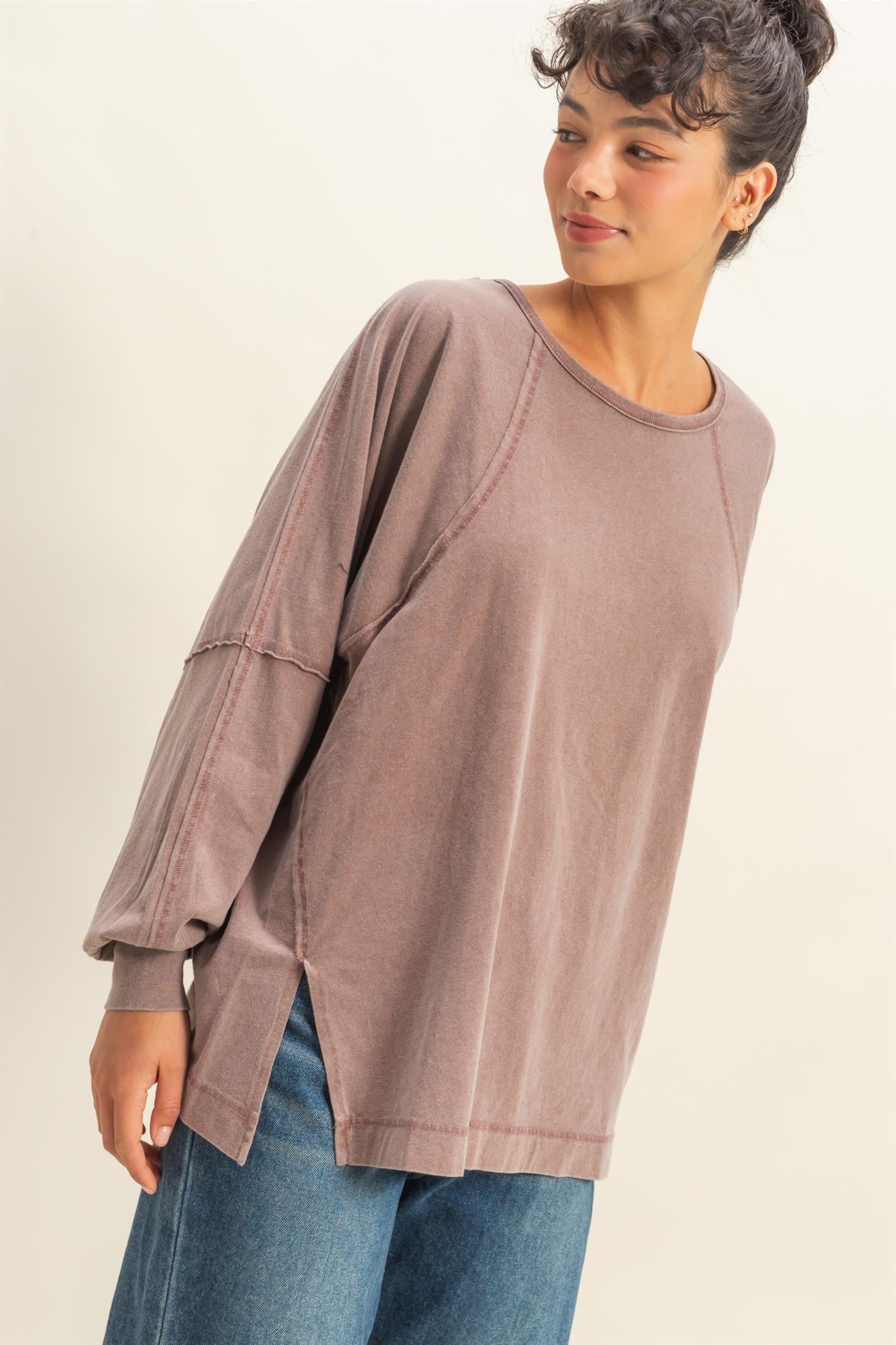 Washed Chestnut Oversized Long Sleeve Top With Slit