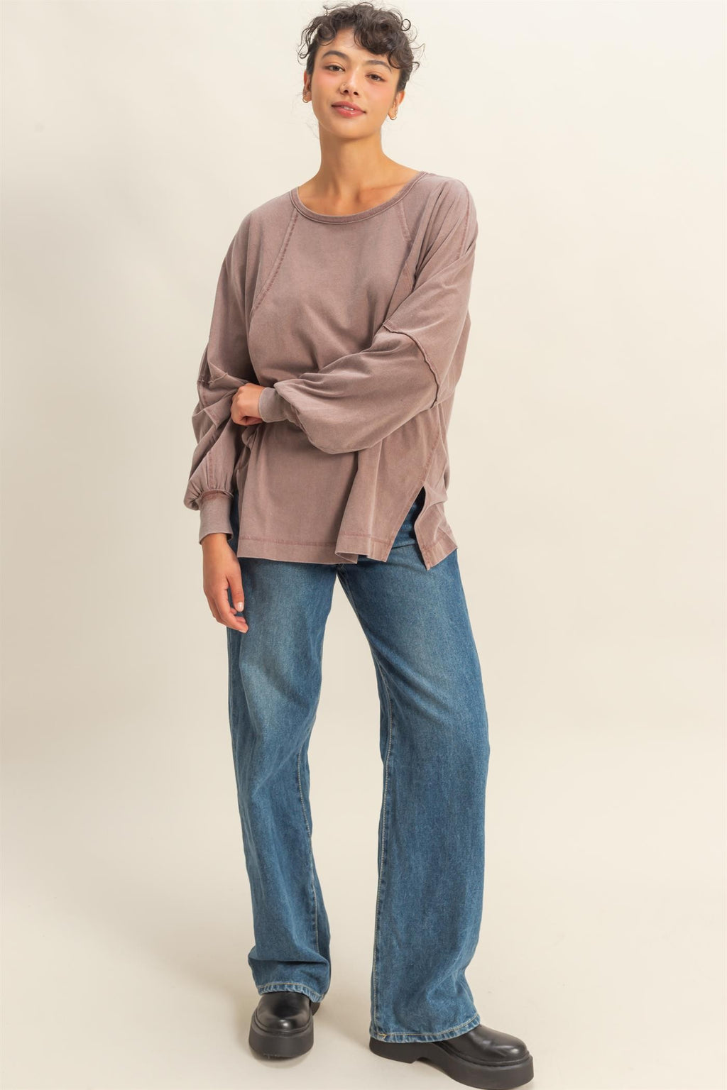 Washed Chestnut Oversized Long Sleeve Top With Slit