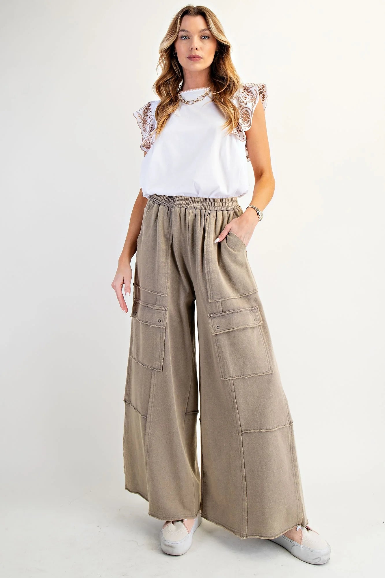 Washed Faded Olive Terry Knit Cargo Pants
