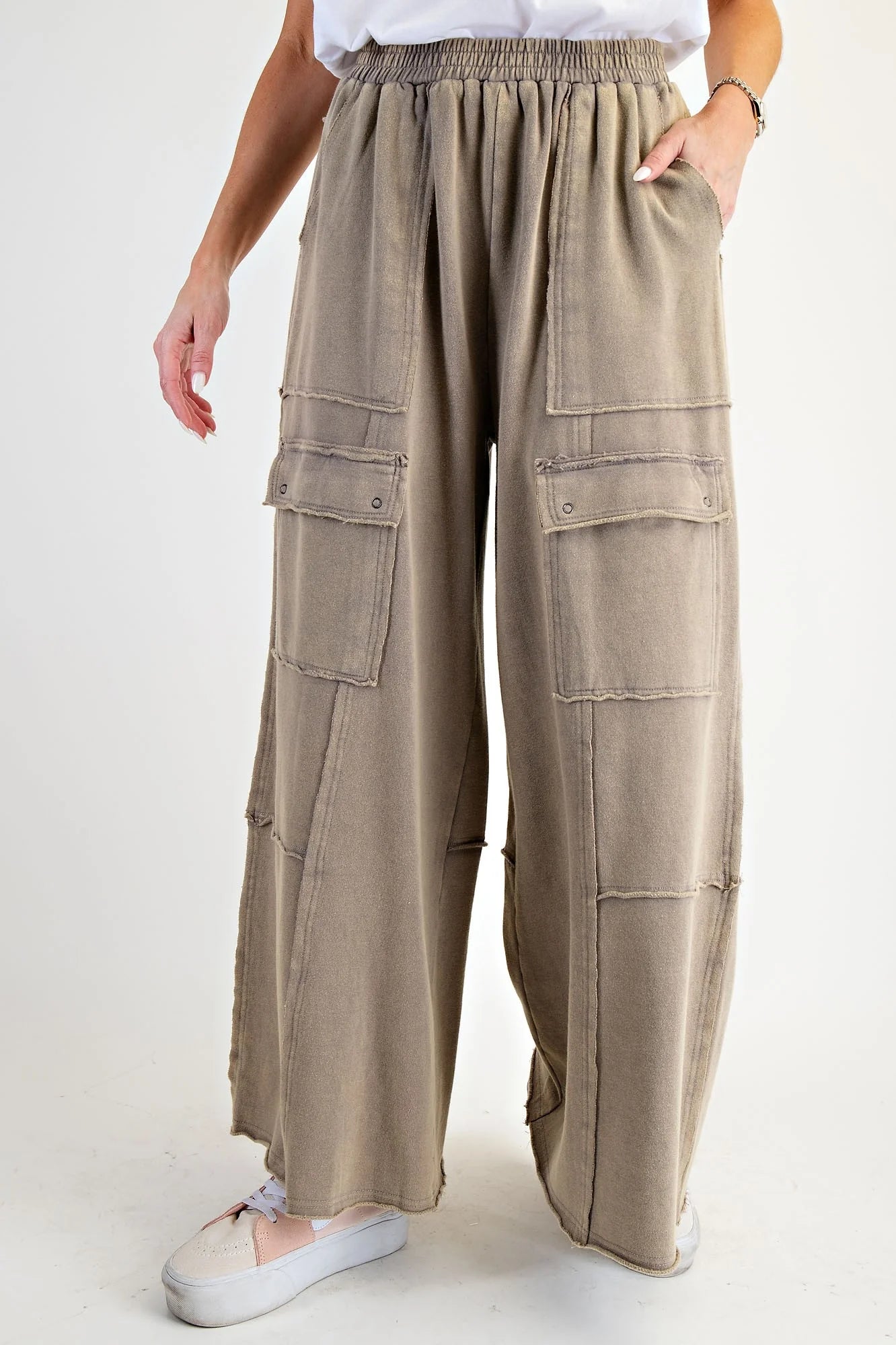 Washed Faded Olive Terry Knit Cargo Pants