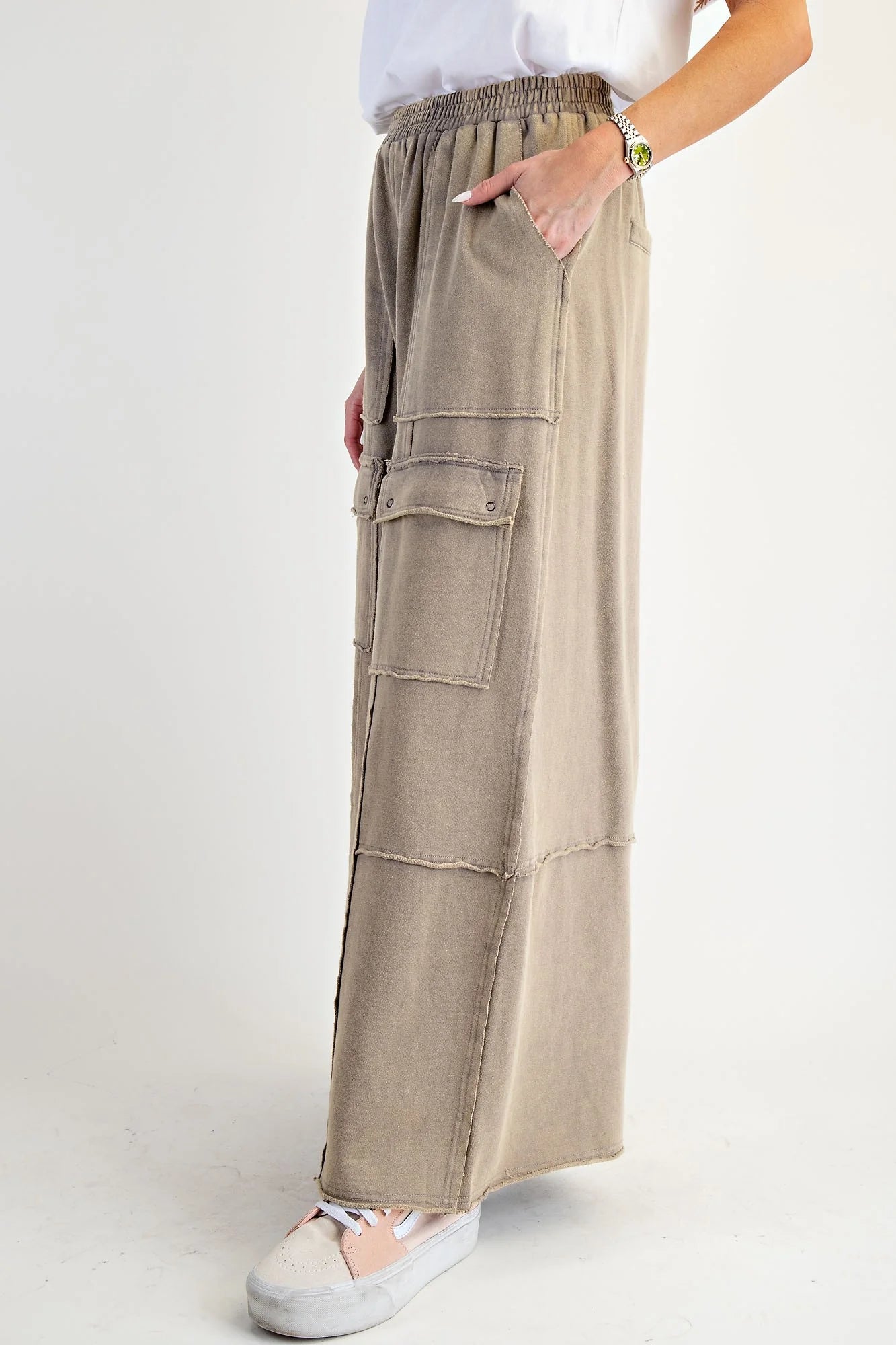 Washed Faded Olive Terry Knit Cargo Pants