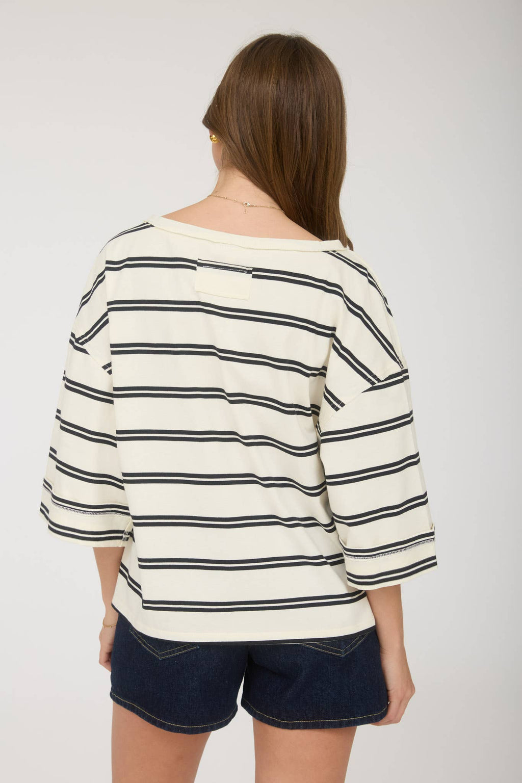 Cream Stripe Raw Edge Cuff Sleeve Oversized Knit Top