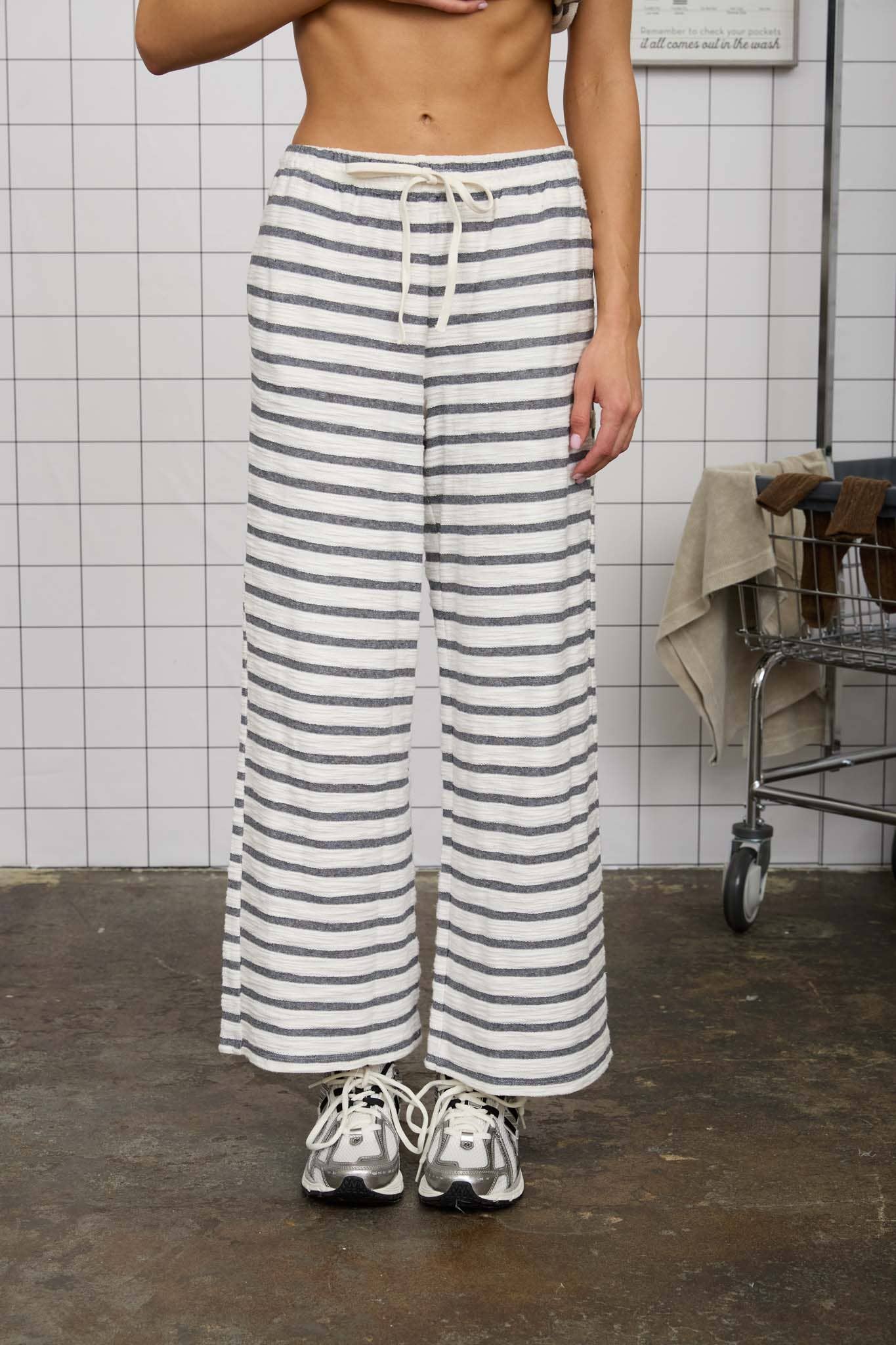 Navy Blue Stripe Drawstring Wide Leg Knit Lounge Pants