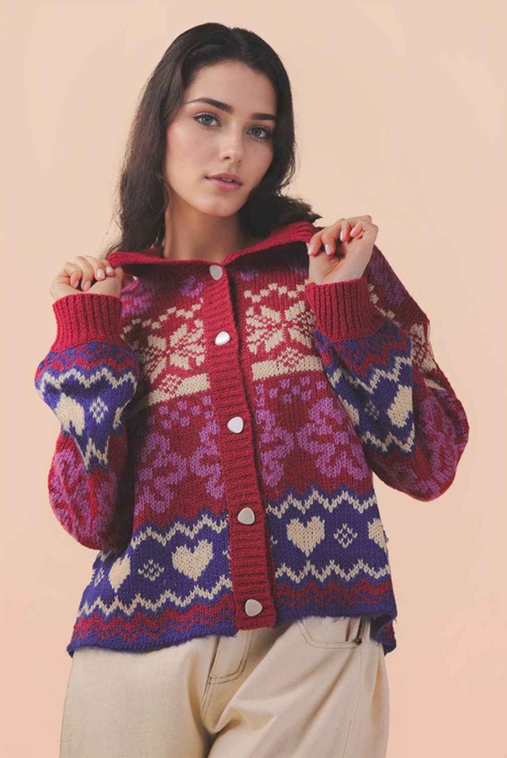 Oversized Button Down Red Graphic Knit Sweater Top