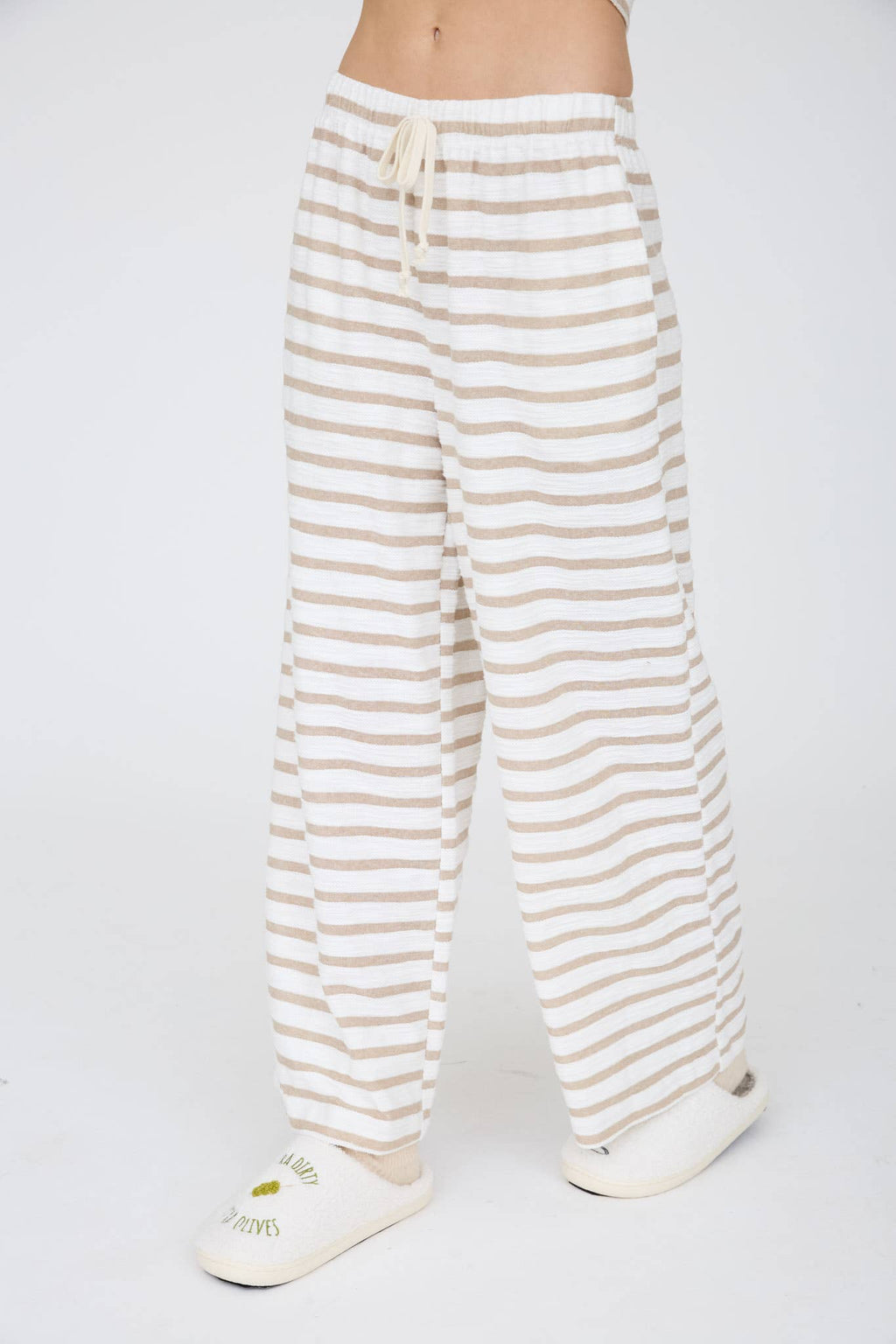 Khaki Stripe Drawstring Wide Leg Knit Lounge Pants