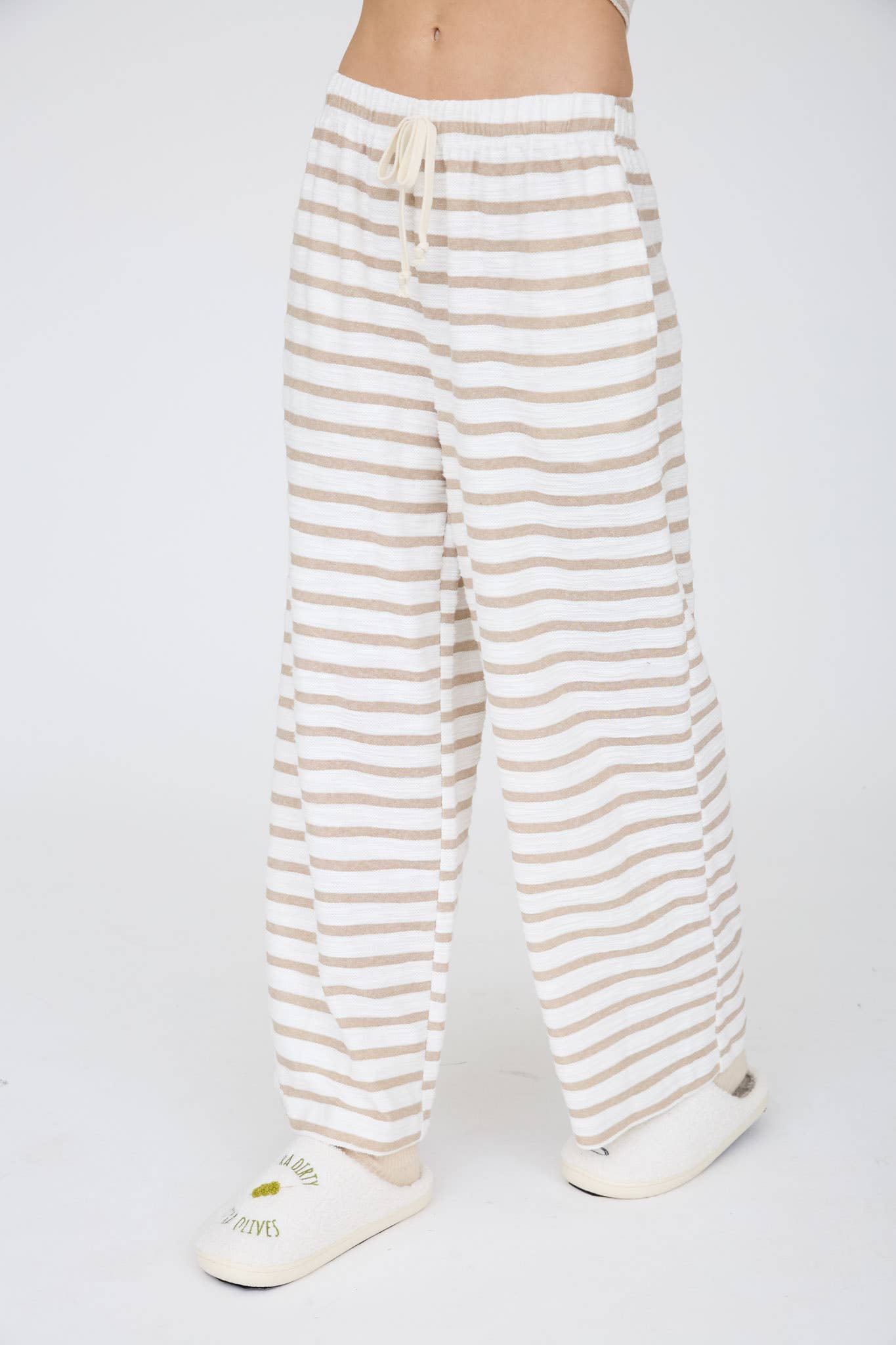 Khaki Stripe Drawstring Wide Leg Knit Lounge Pants