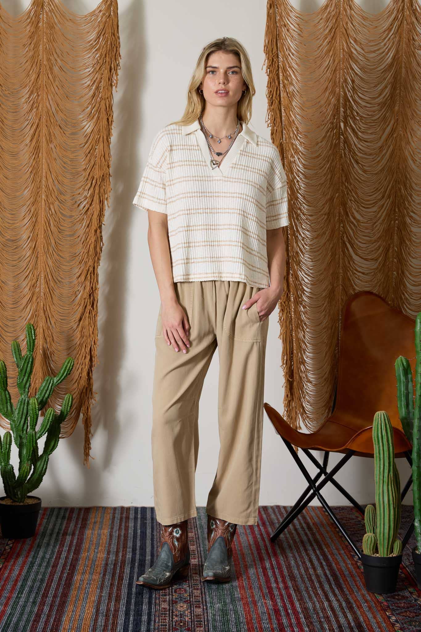 Marled Khaki Stripe Collared Short Sleeve Knit Top