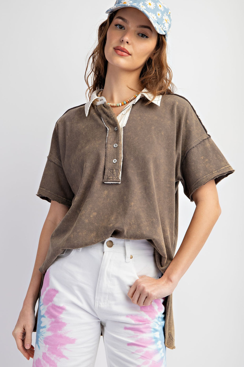 Mineral Washed Ash Brown Half Button Down Top