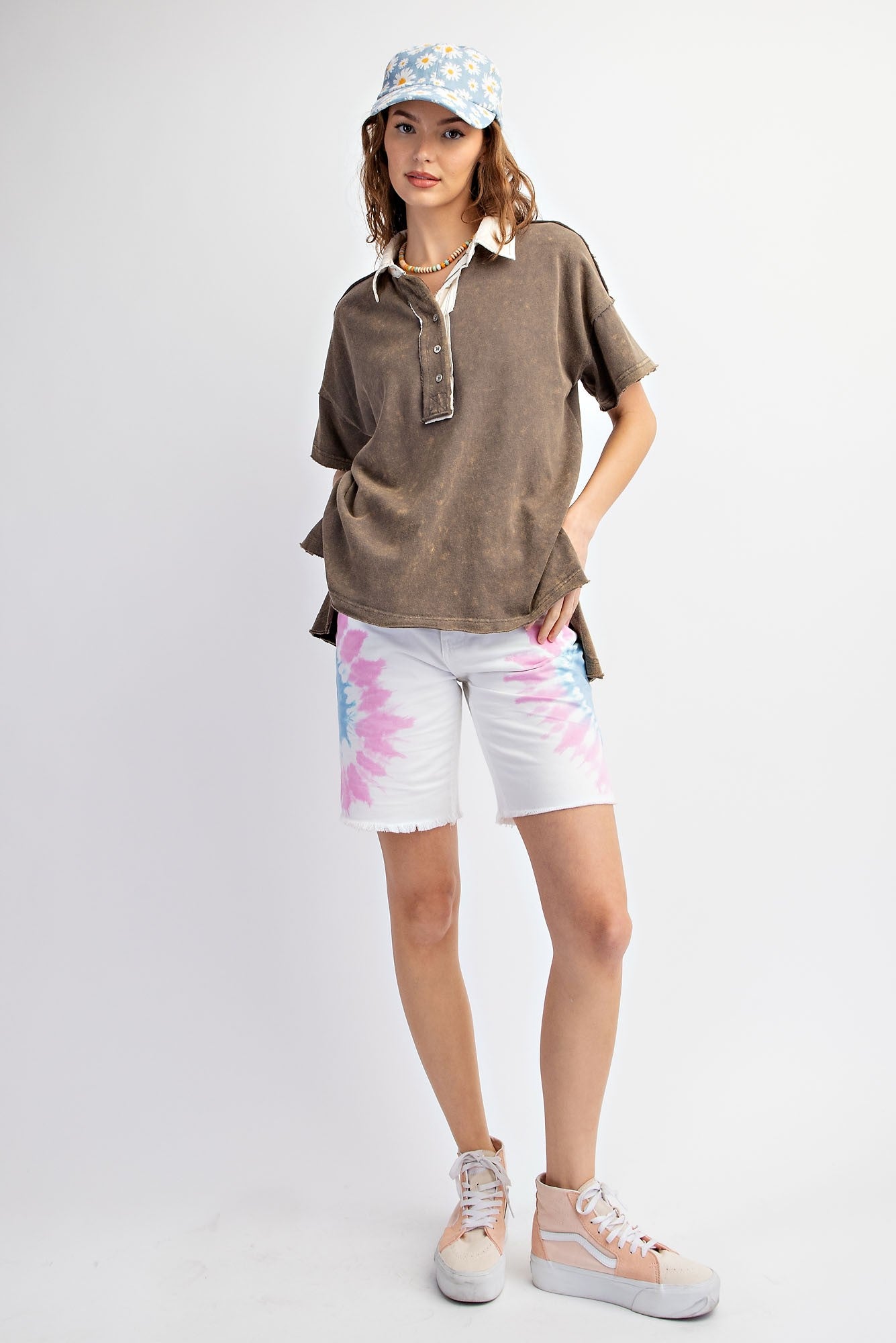 Mineral Washed Ash Brown Half Button Down Top