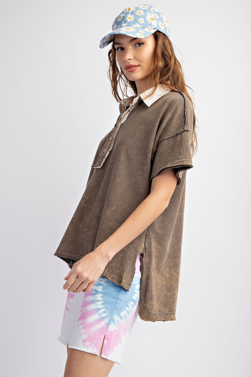 Mineral Washed Ash Brown Half Button Down Top