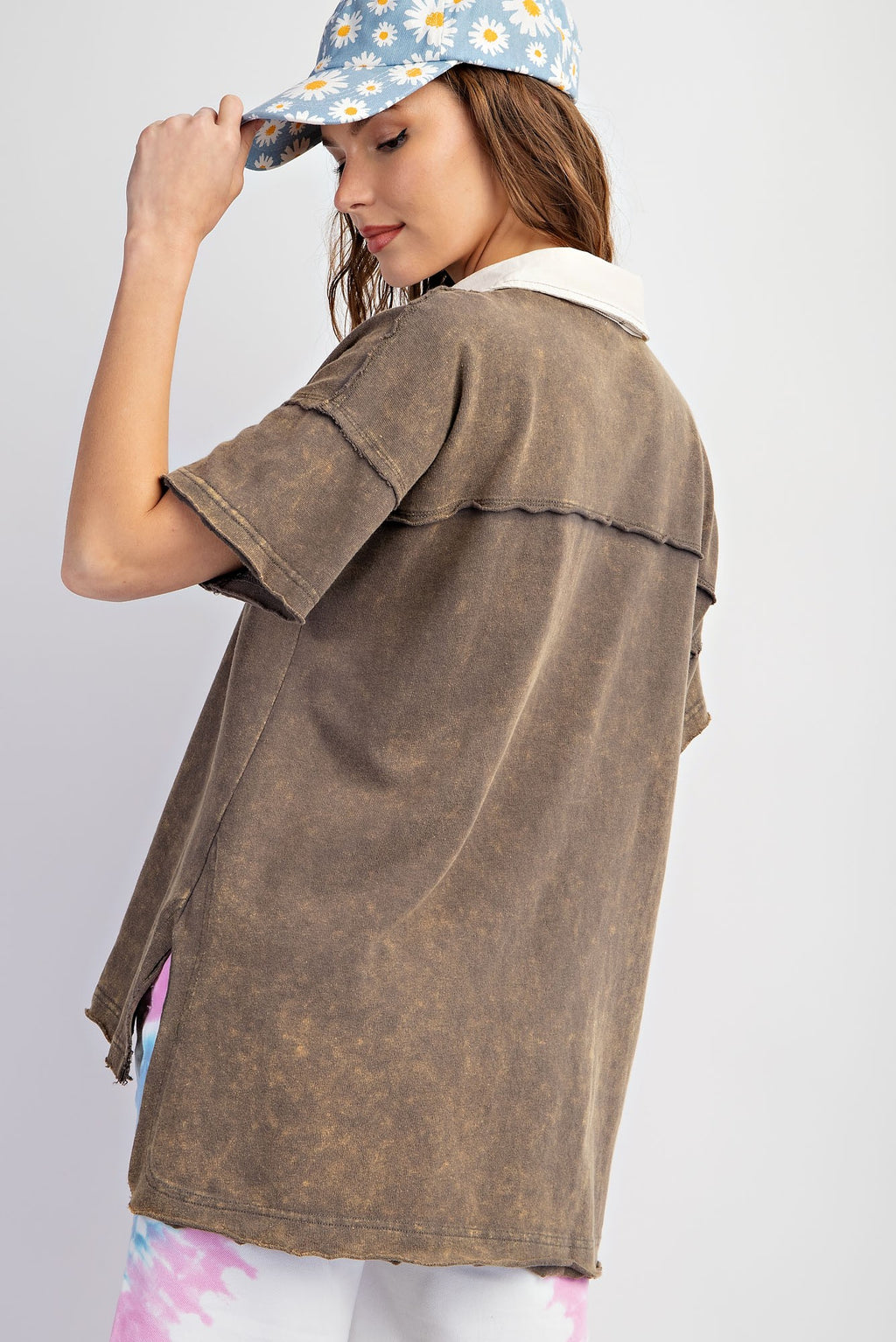 Mineral Washed Ash Brown Half Button Down Top
