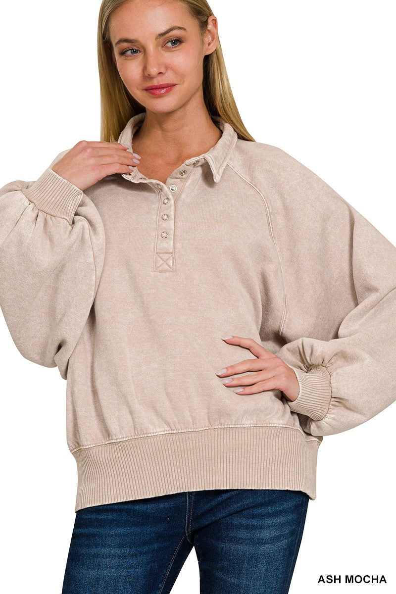 Ash Mocha Acid Wash Fleece Button Up Collared Pullover