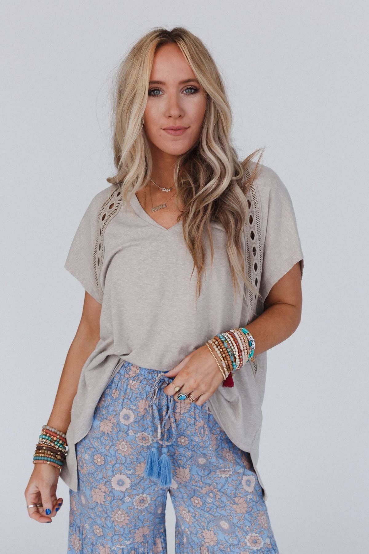 Camden Camel Lace V Neck Top