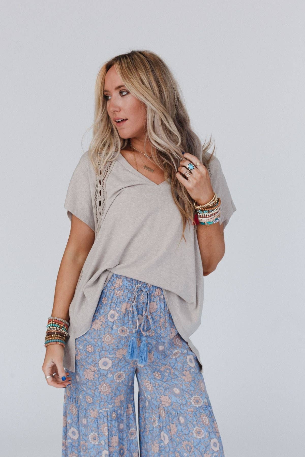 Camden Camel Lace V Neck Top