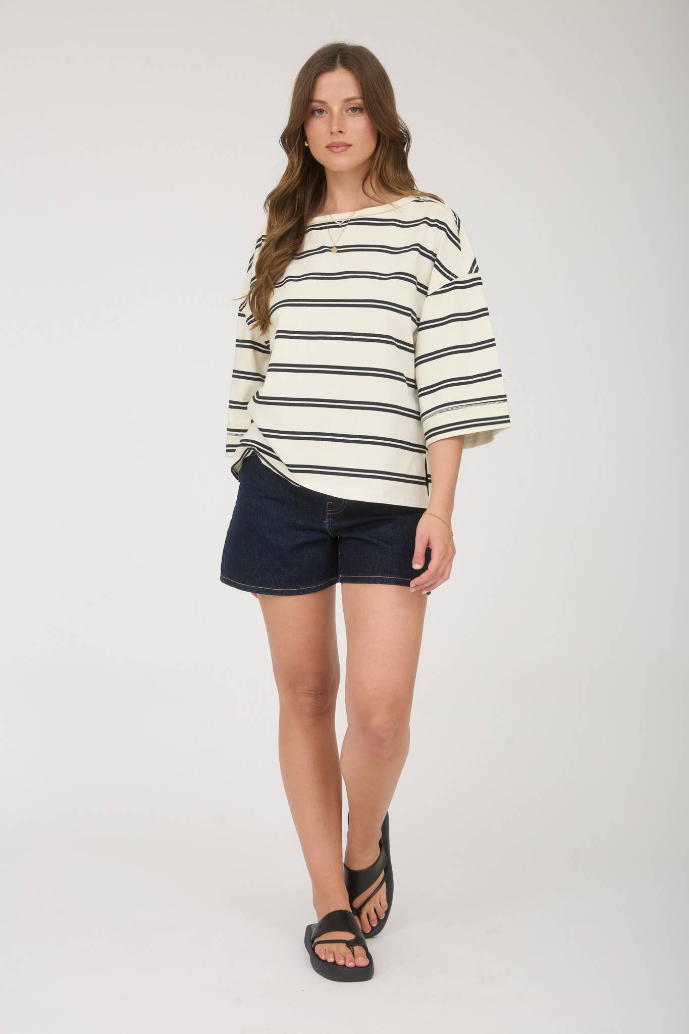 Cream Stripe Raw Edge Cuff Sleeve Oversized Knit Top