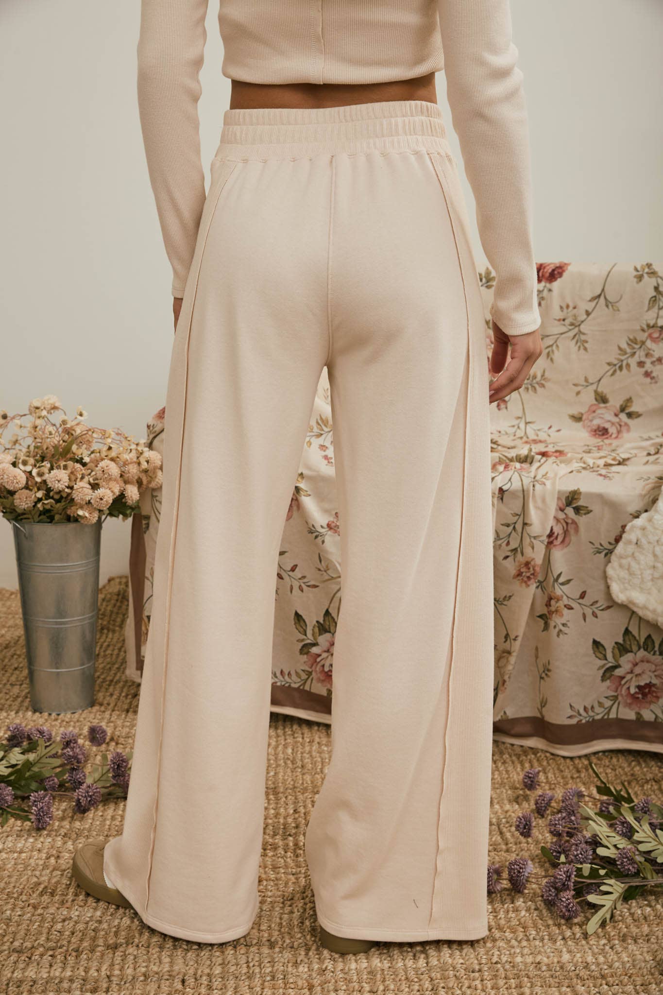 Light Khaki Elastic Waist Side Panel Knit Lounge Pants