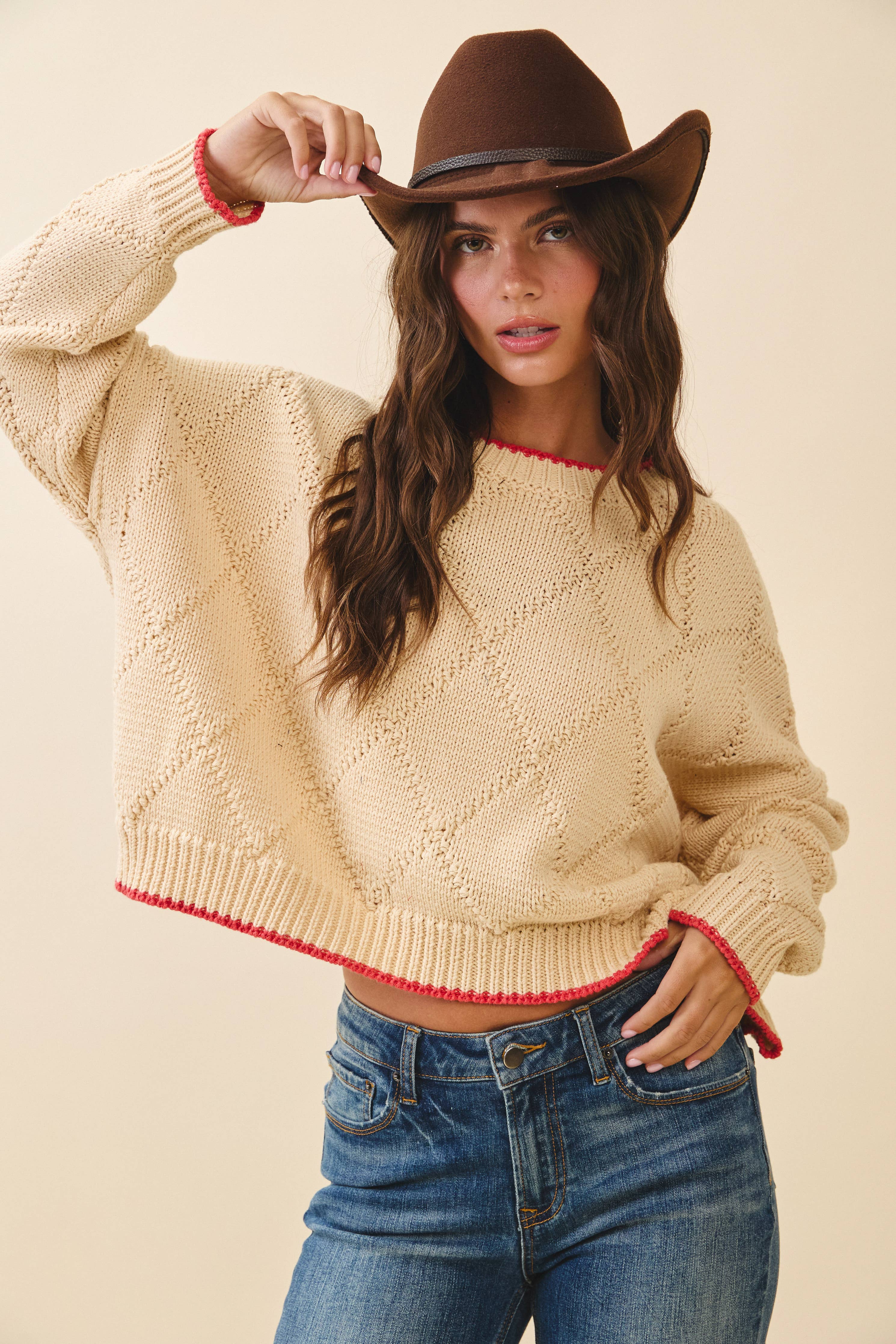 Diamond Knit Oat & Red Pullover Sweater
