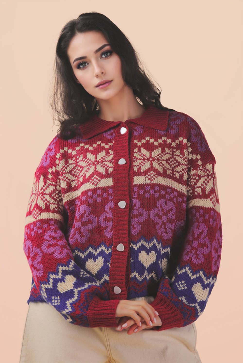 Oversized Button Down Red Graphic Knit Sweater Top