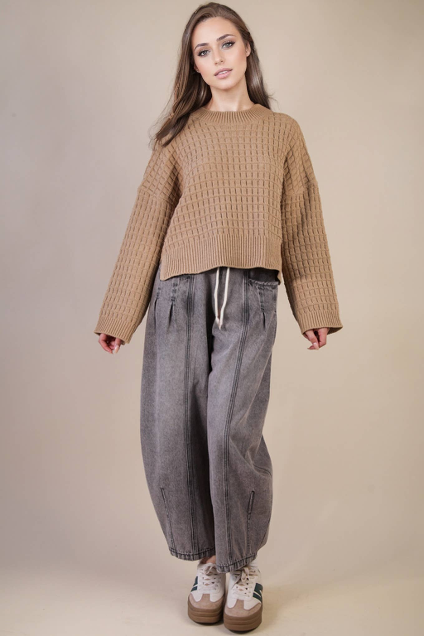 Oversized Textured Mocha Solid Casual Knit Sweater Top