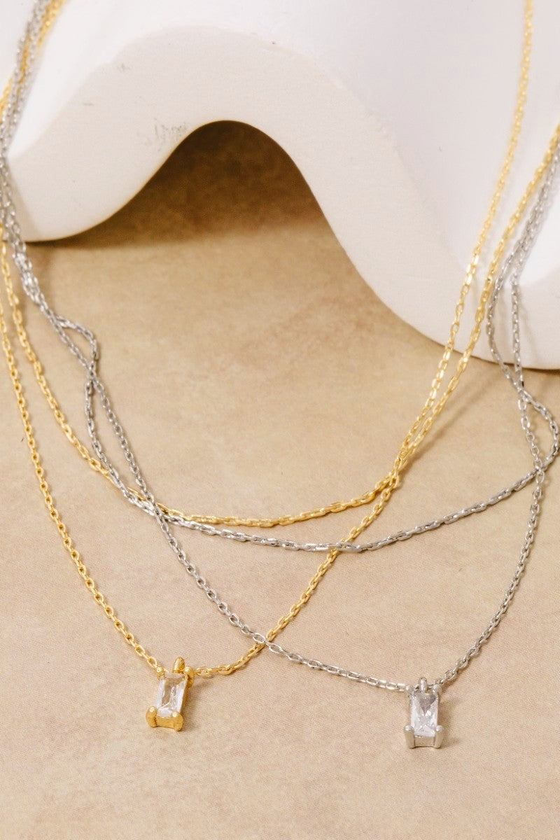 Gold Dipped Cz Baguette Layered Dainty Necklace