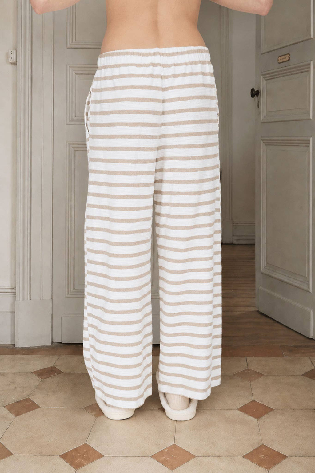 Khaki Stripe Drawstring Wide Leg Knit Lounge Pants