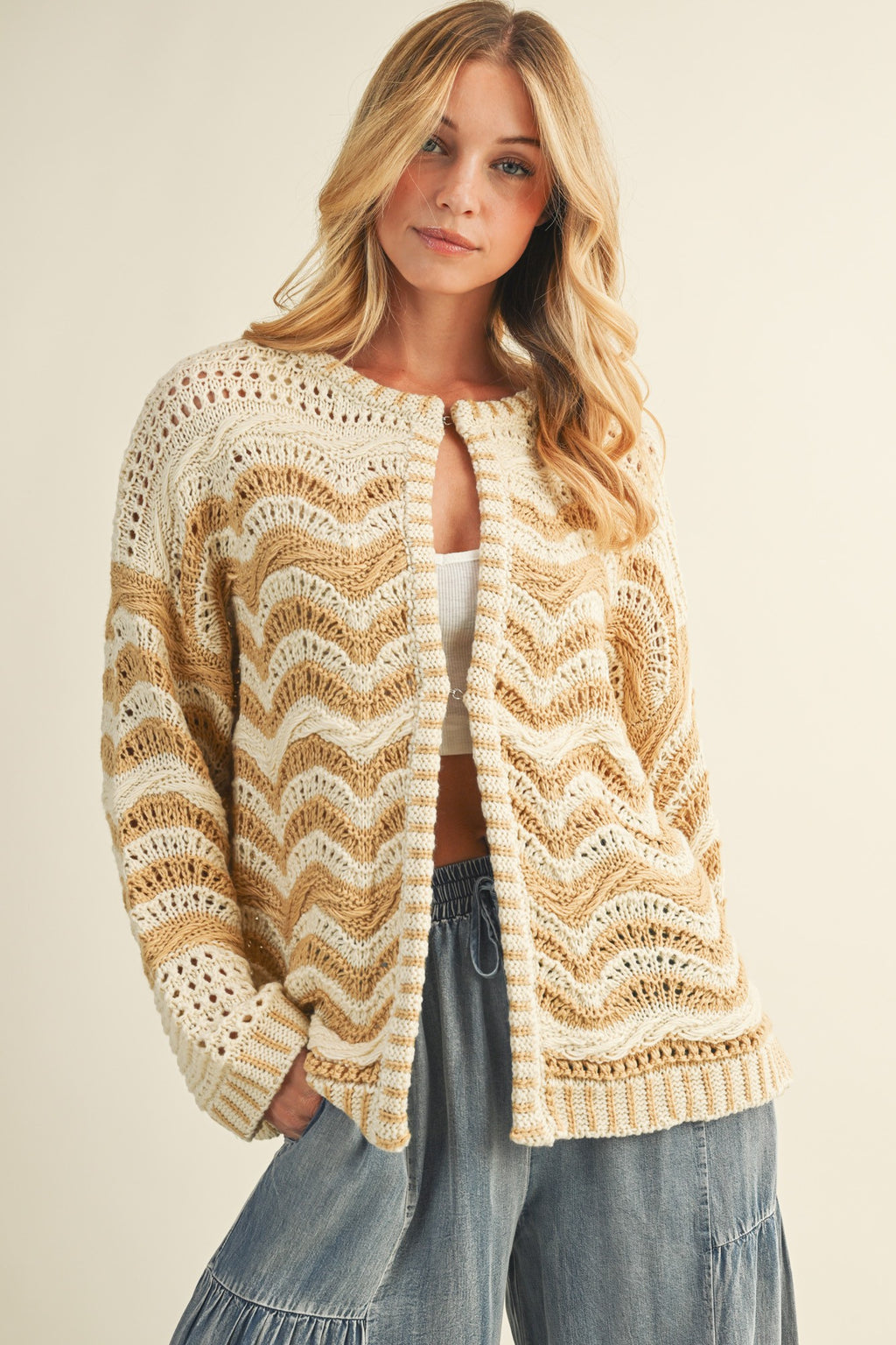 Wave Pattern Beige Sweater Cardigan