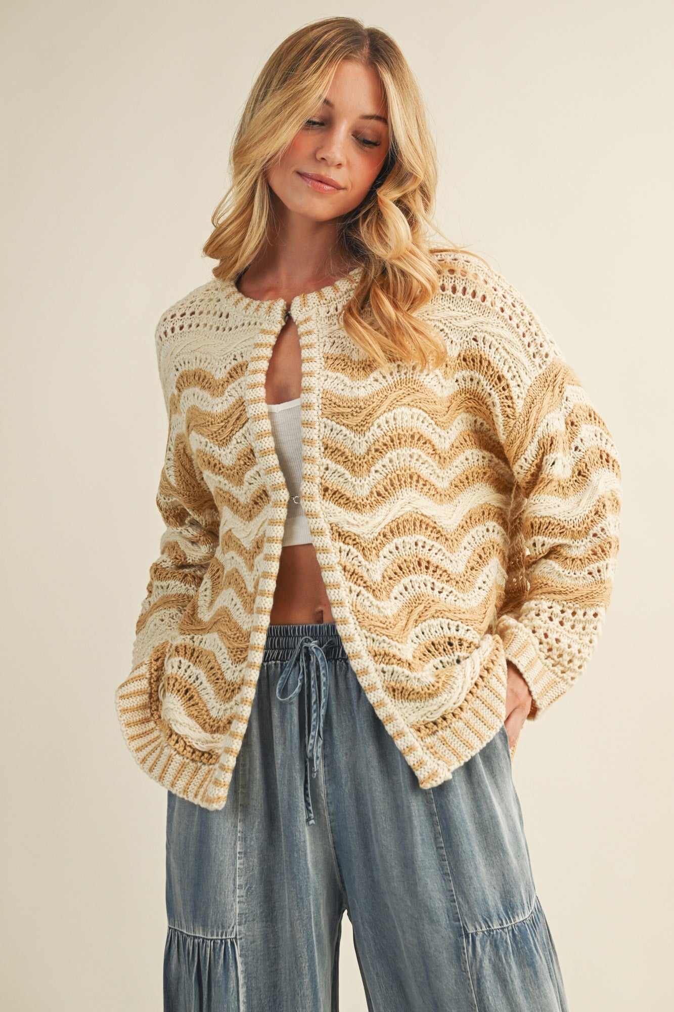 Wave Pattern Beige Sweater Cardigan