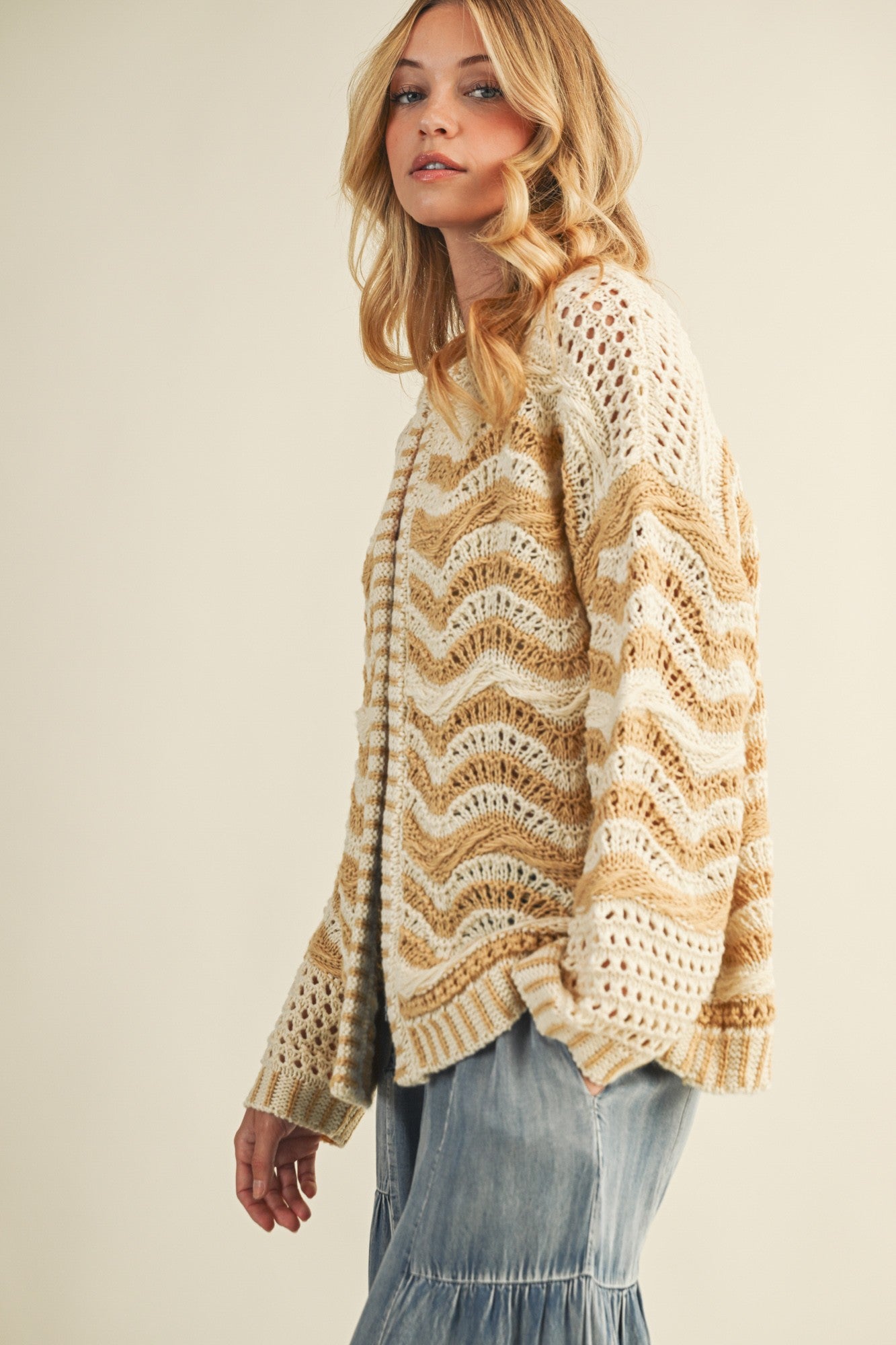 Wave Pattern Beige Sweater Cardigan