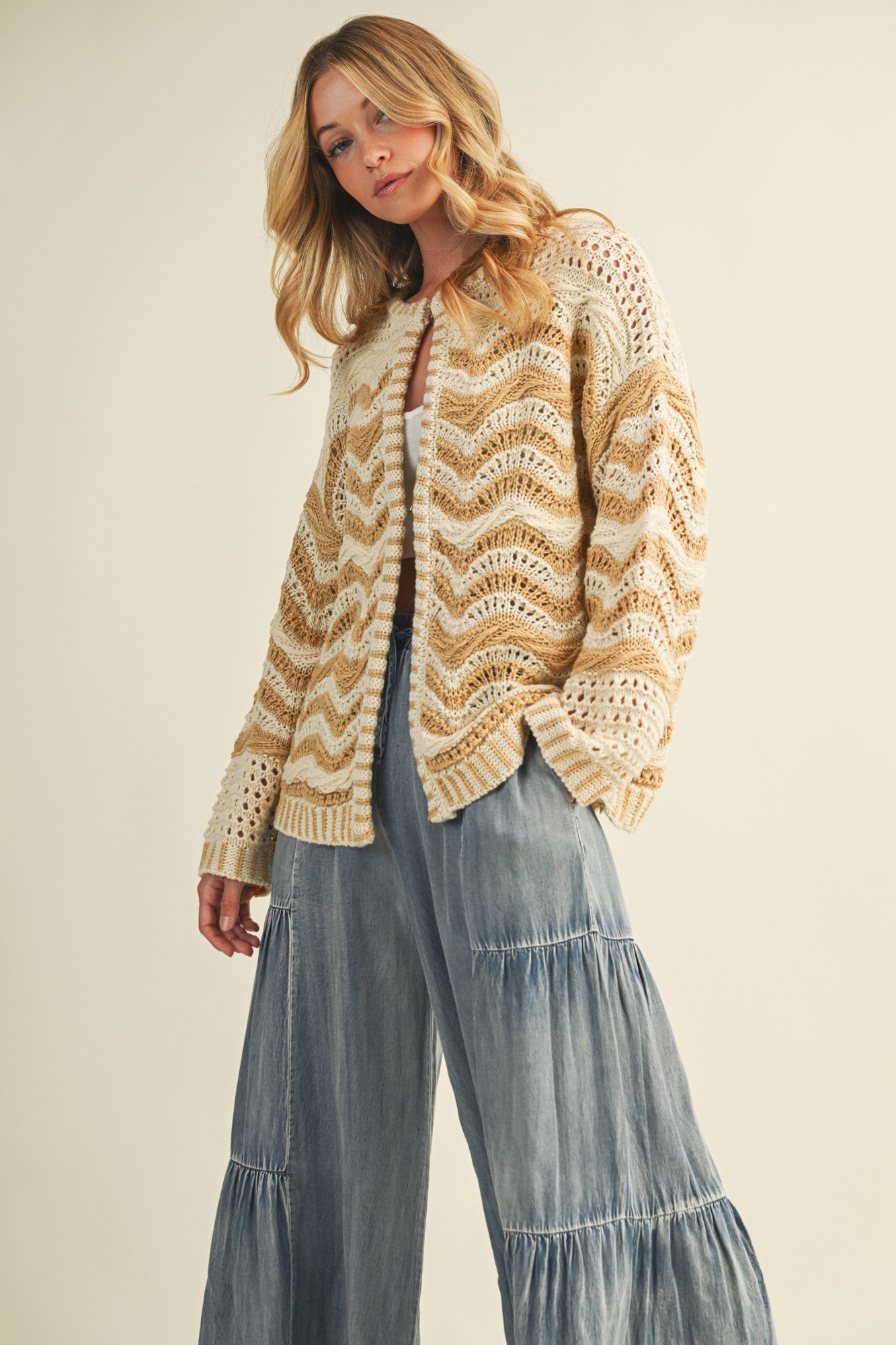 Wave Pattern Beige Sweater Cardigan