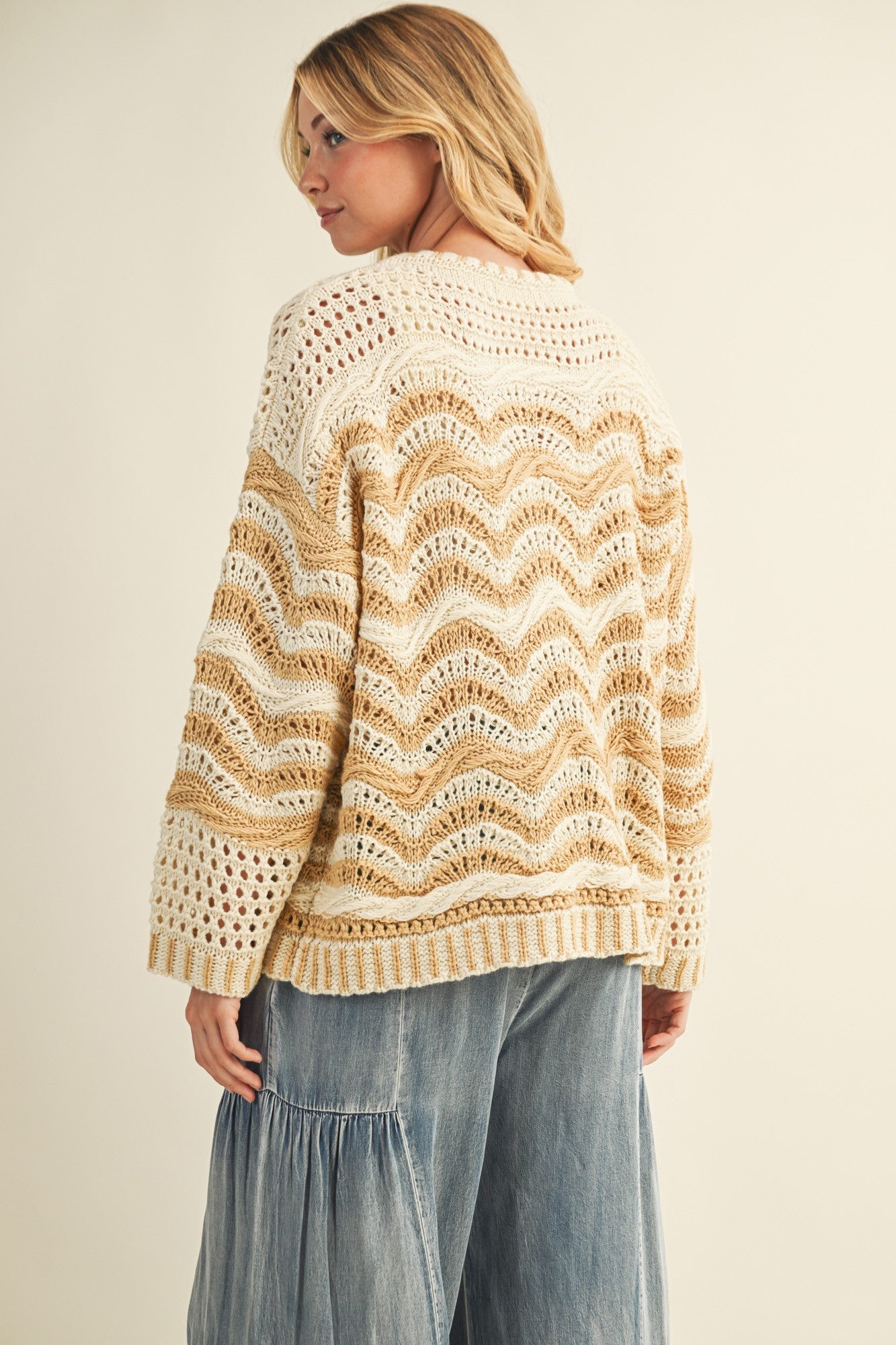 Wave Pattern Beige Sweater Cardigan