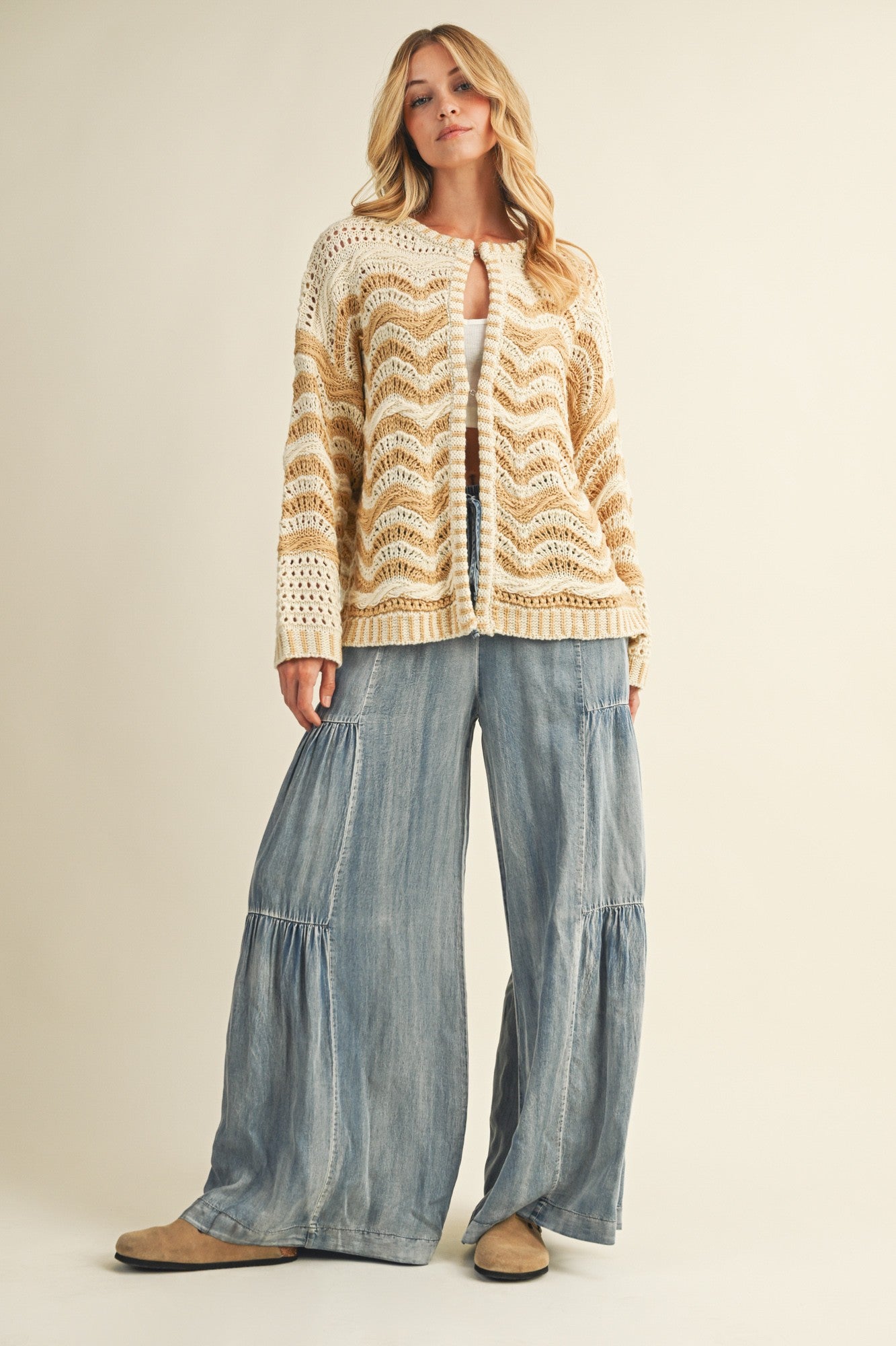 Wave Pattern Beige Sweater Cardigan